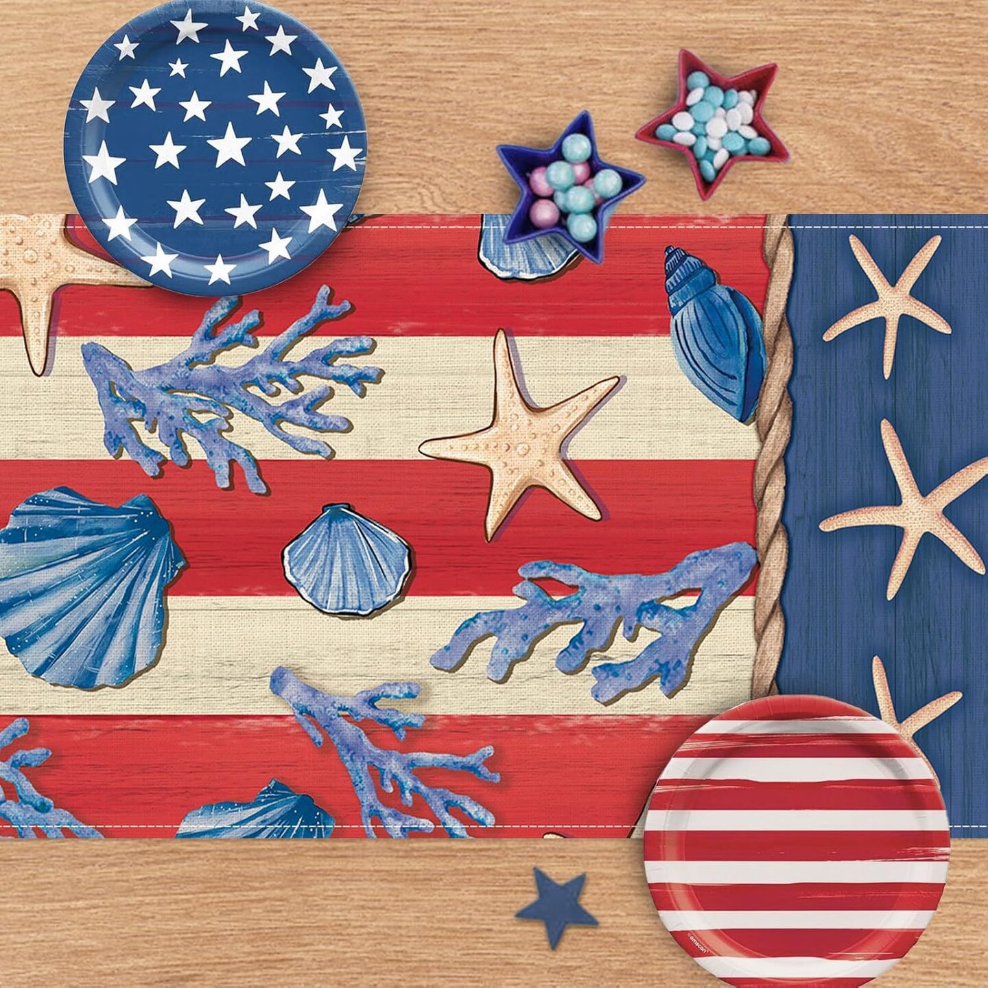 4th of July Beach Dining Table Runner, Patriotic America Coastal Starfish Conch Coral Stripes Burlap Kitchen Decoration, American USA Indoor Outdoor Home Decor