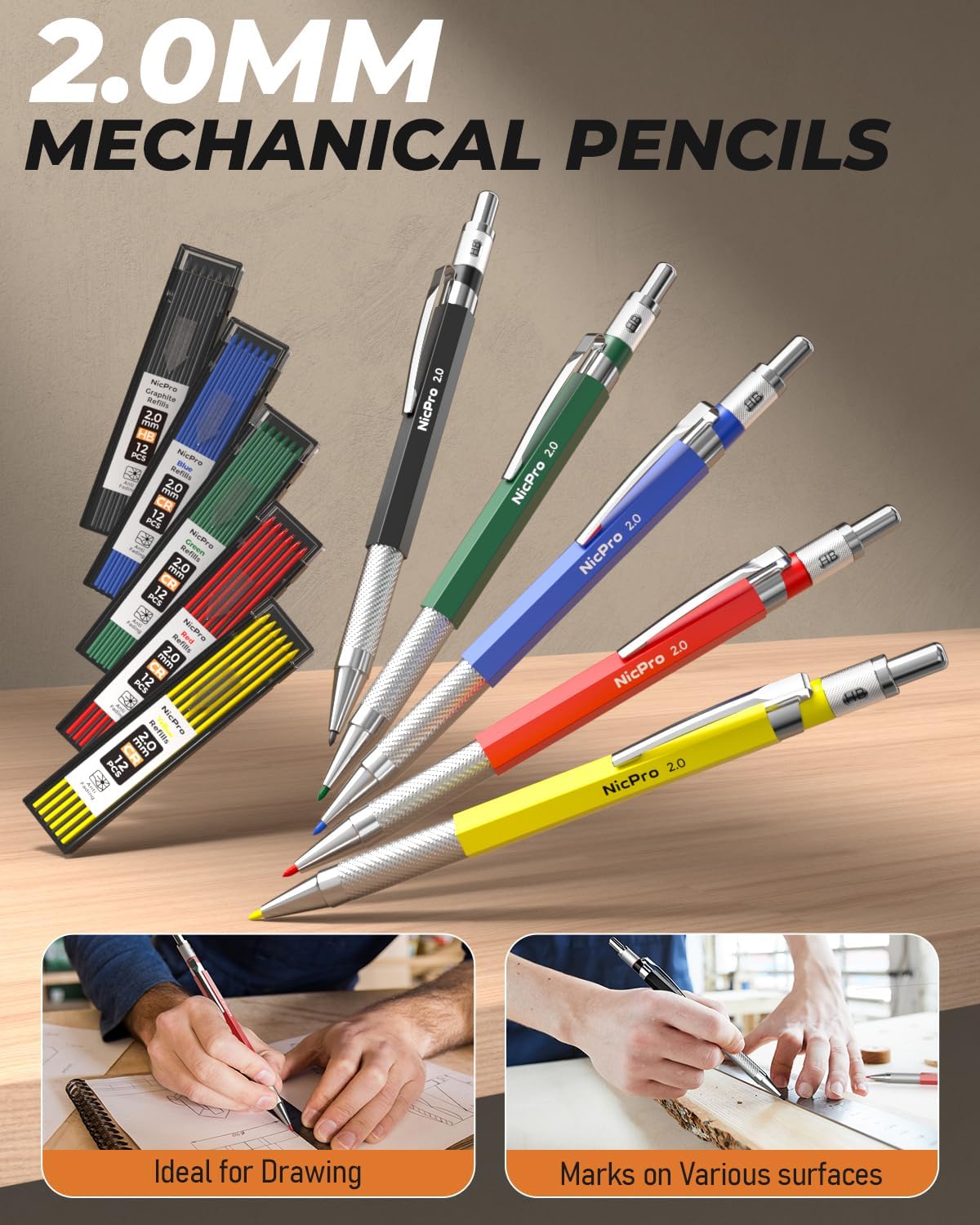 27 Pack Carpenter Pencils for Woodworking, Construction Mechanical Pencil with 100 Refill, Automatic Center Punch and Carbide Scribe Carpenter Tool, Construction Pencil for Carpenters Marking