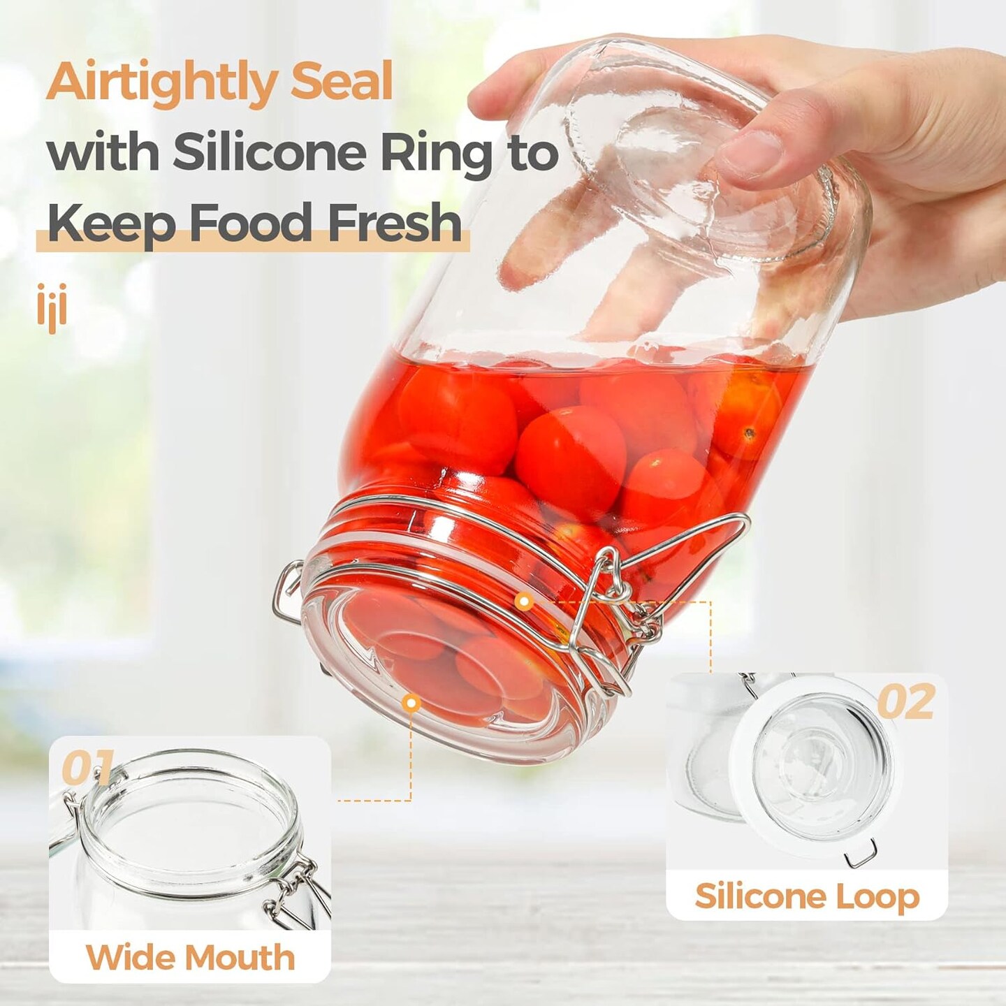 Airtight Glass Canister Set of 3 with Lids 50oz Clear Food Storage Jars Square, Kitchen &#x26; Pantry Organization Food Storage Container for Canning, Sugar, Flour, Pasta, Candy, Cereal, Coffee