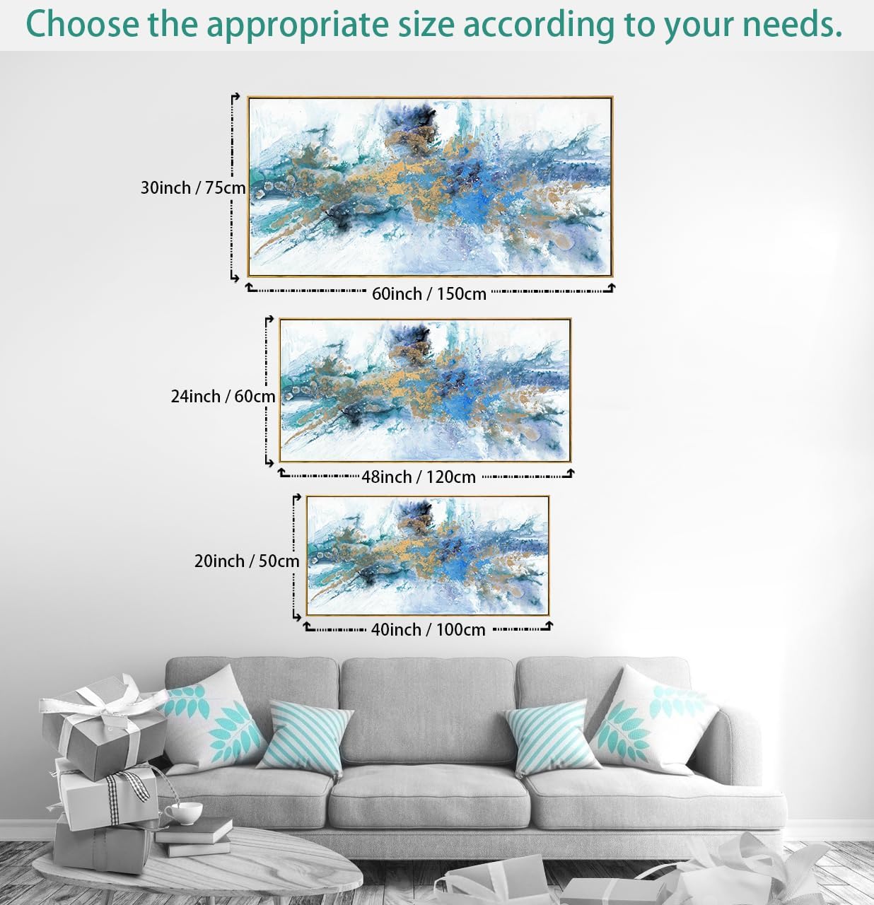 Wall Art Framed Ready to Hang Wall Art Modern Fantasy Paintings Navy Blue Yellow Abstract Wall Art Prints Canvas Painting Large Size for Living Room Bedroom Office Decoration 20"x40"