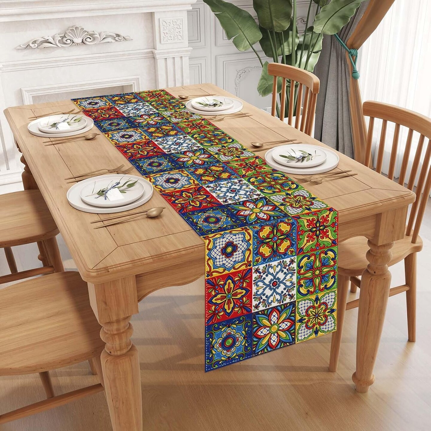 Linen Mexican Talavera Ceramic Tile Table Runner 72 Inches Long Mexican Fiesta Tablecloth Cinco De Mayo Party Decoration and Supplies for Table