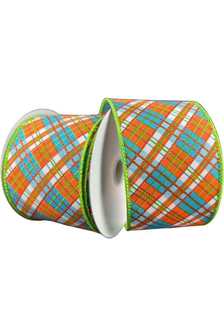 2.5&#x22; White Satin Busy Plaid Ribbon: Teal, Lime and Orange (10 Yards)