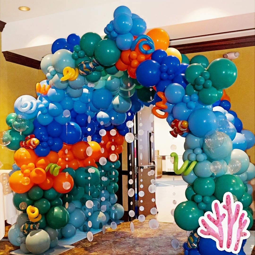 202 Pcs Under the Sea Party Decorations Balloon Arch Kit, Teal Blue - Ocean, DIY Octopus Clear Balloons, Finding Nemo Birthday Party Themed Decor