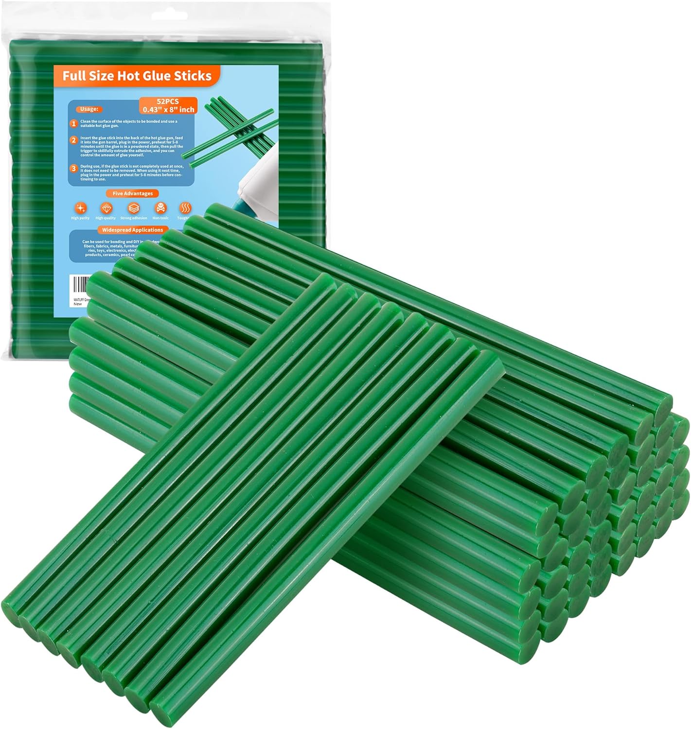 Green hot Glue Sticks Full Size 0.43&#x201D; Dia x 8&#x201D; Long, 52 pcs Hot melt Adhesive Glue Sticks, All-Purpose Colored Glue Gun Sticks for Christmas Decoration DIY Crafts Arts School Repair Bonding Welcome to Seller Assistant Please log in to your account