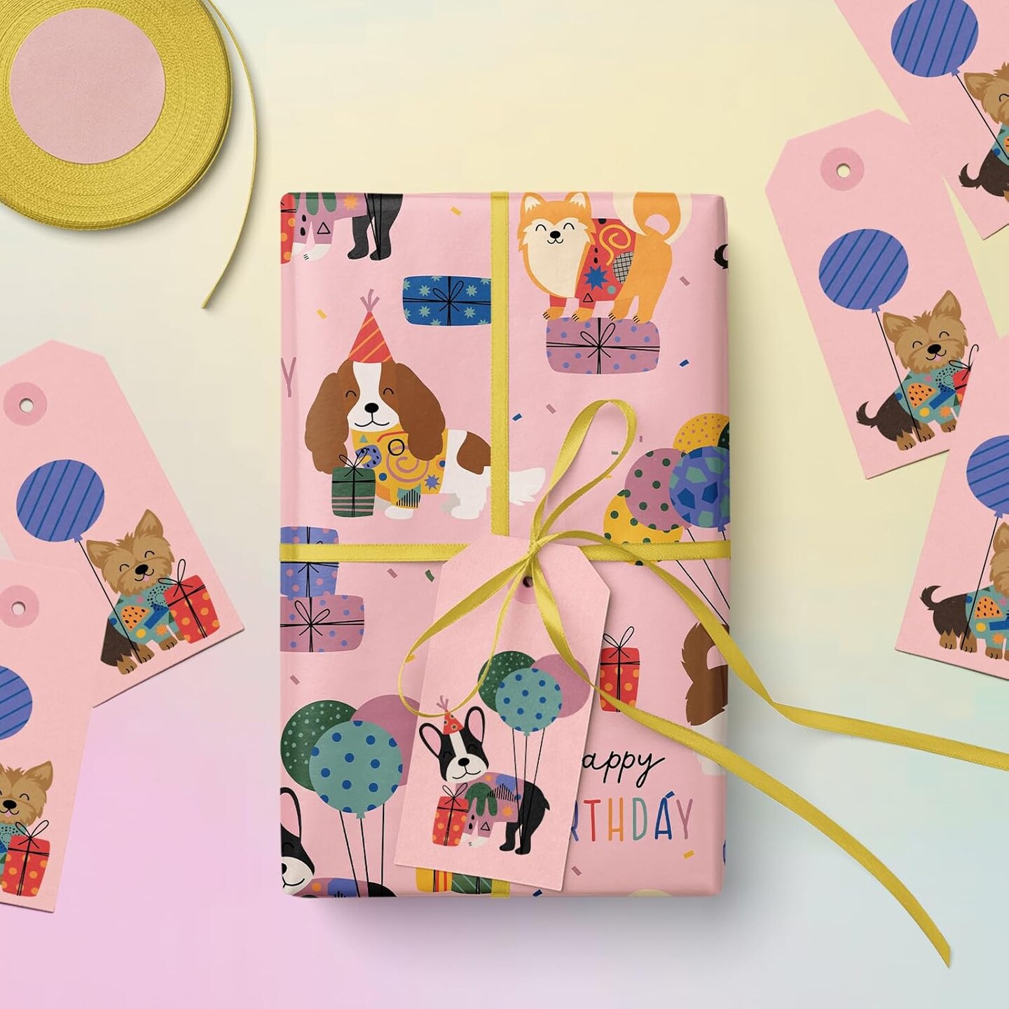 Dog Birthday Wrapping Paper Roll - Mini Roll - 17 Inch x 9.8 Feet - Pink Puppy Dog, Perfect for Party, Holiday