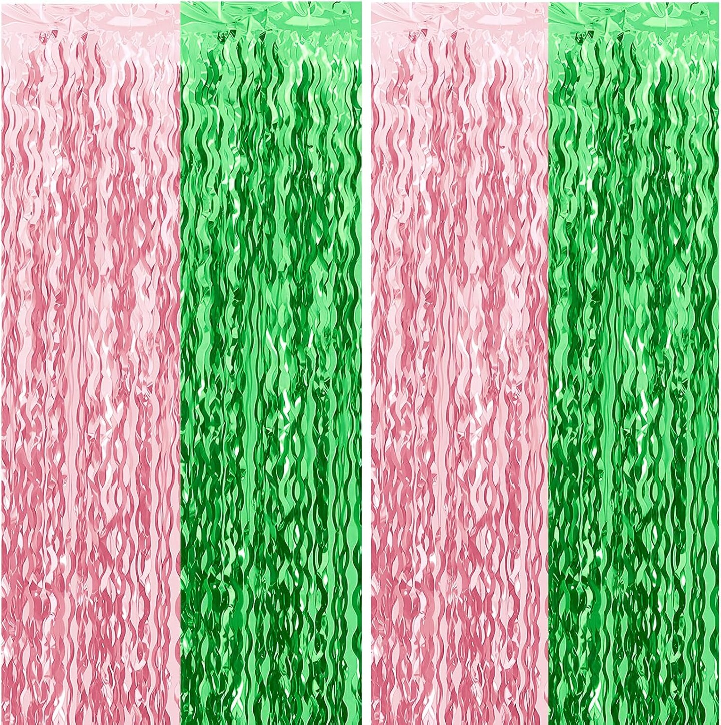 2-Pack Pink & Green Wavy Foil Fringe Curtains 3.2x6.6ft Party Backdrop Decorations