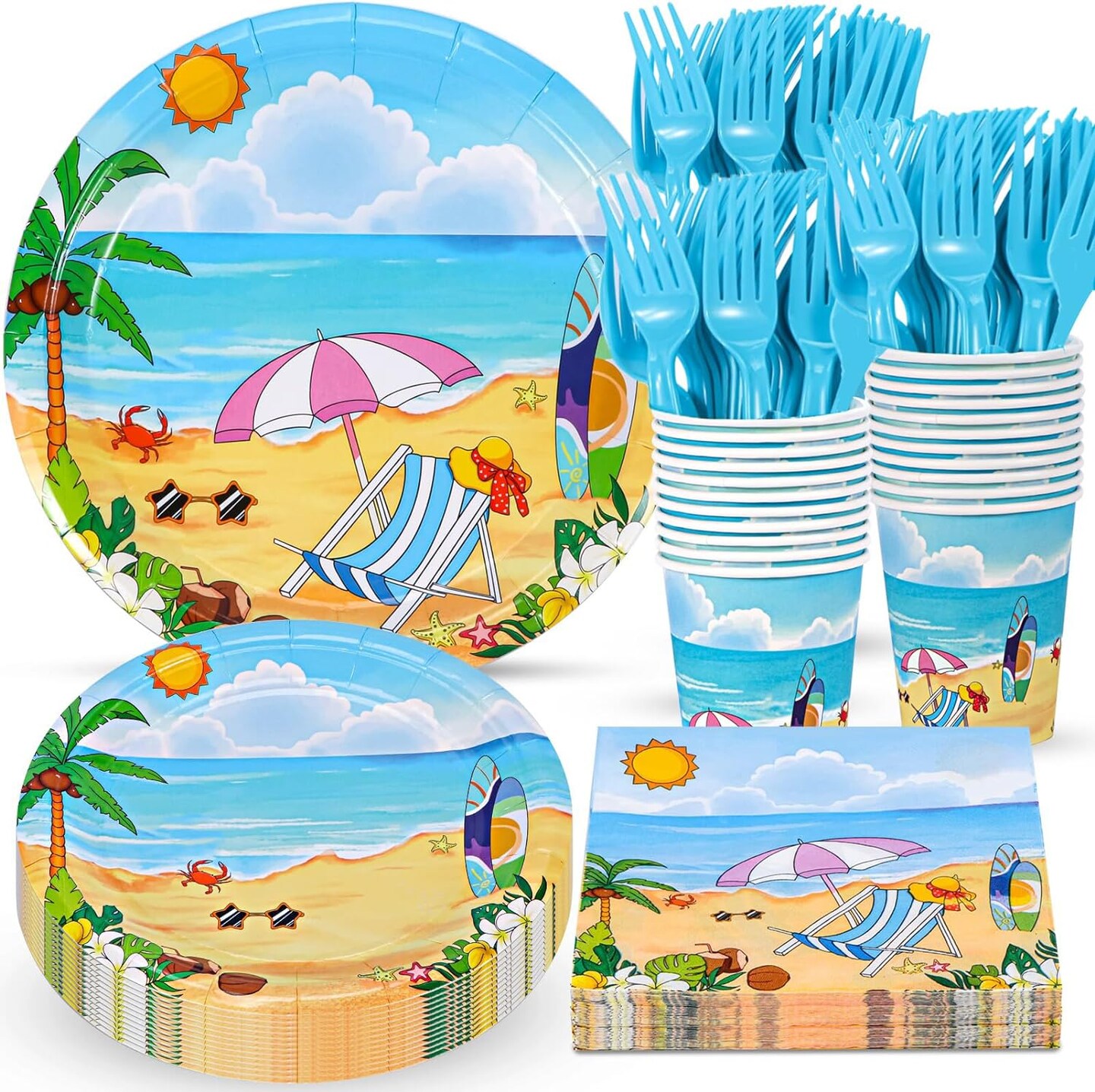 Beach Party Summer Tableware Supplies, Beach Plates and Napkins Set, Disposable Beach Plates, Cups, Napkins and Cutlery
