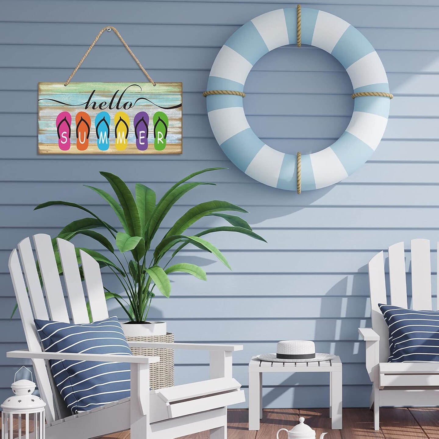 Hello Summer Sign 12 x 6 Inch Welcome Summer Door Sign Wooden Farmhouse Front Porch Door Hanging Decor Rustic Beach