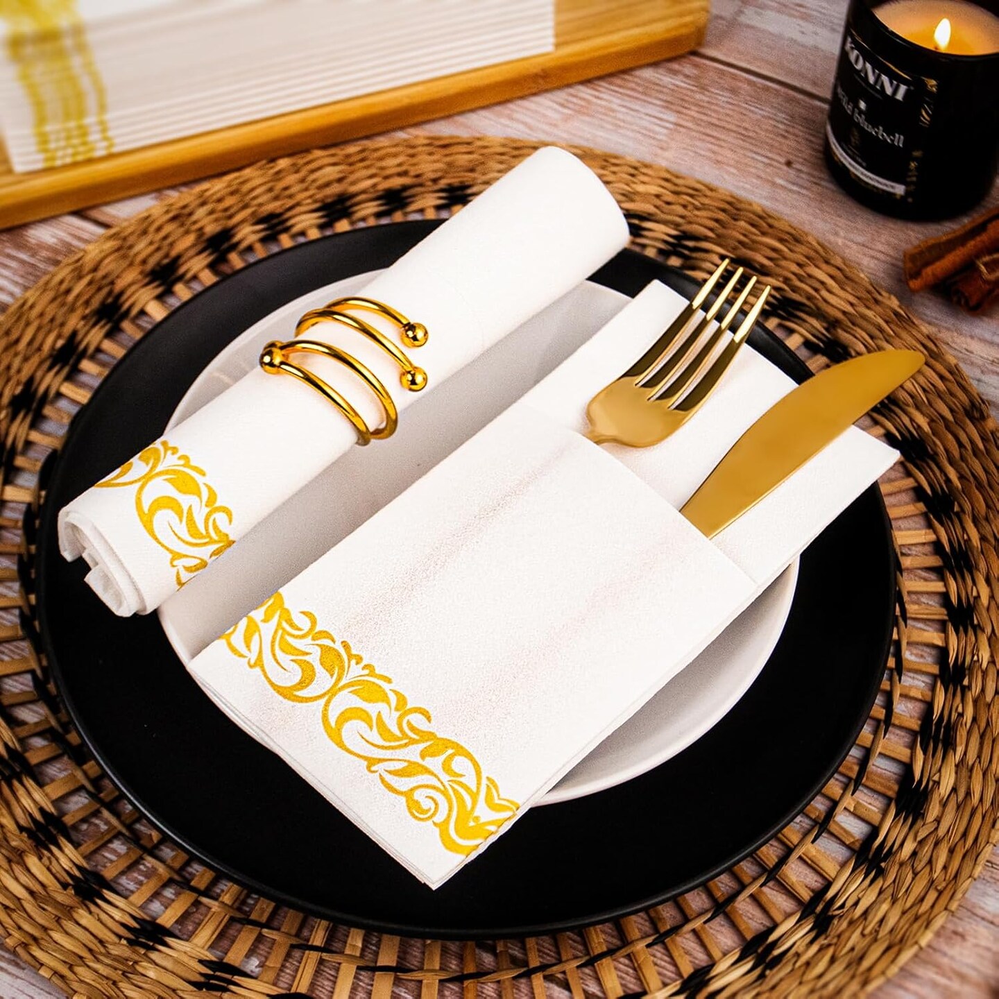 White Dinner Paper Napkins with Pocket Disposable 100 Pack Yellow Trim Linen Feel Wedding Reception Napkins Hand Paper Towels Folded Lunch Napkins for Party, Bathroom (16 x 16 inch)