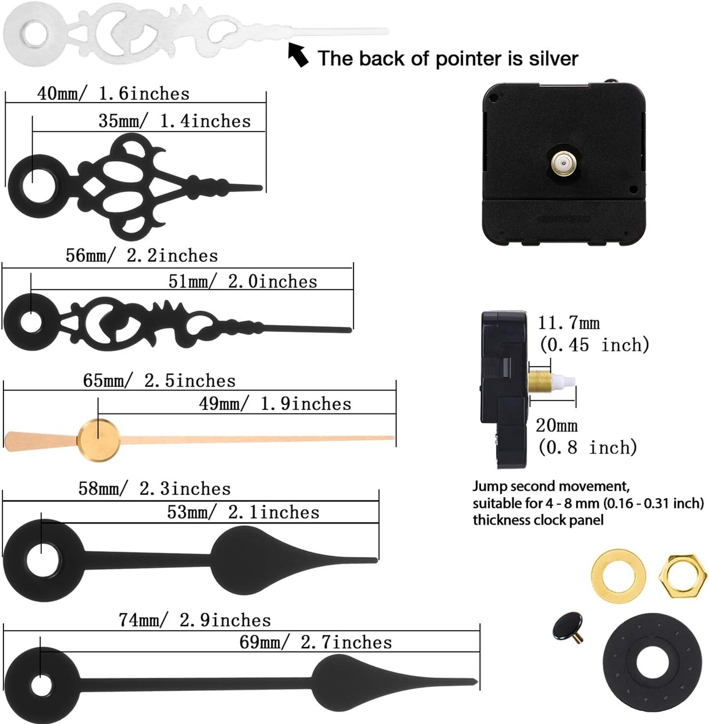 Battery Operated Clock Movement Mechanism DIY Replacement Replacement with 2 Pairs of Short Needles (Shaft Length 4/5 Inch/20mm)