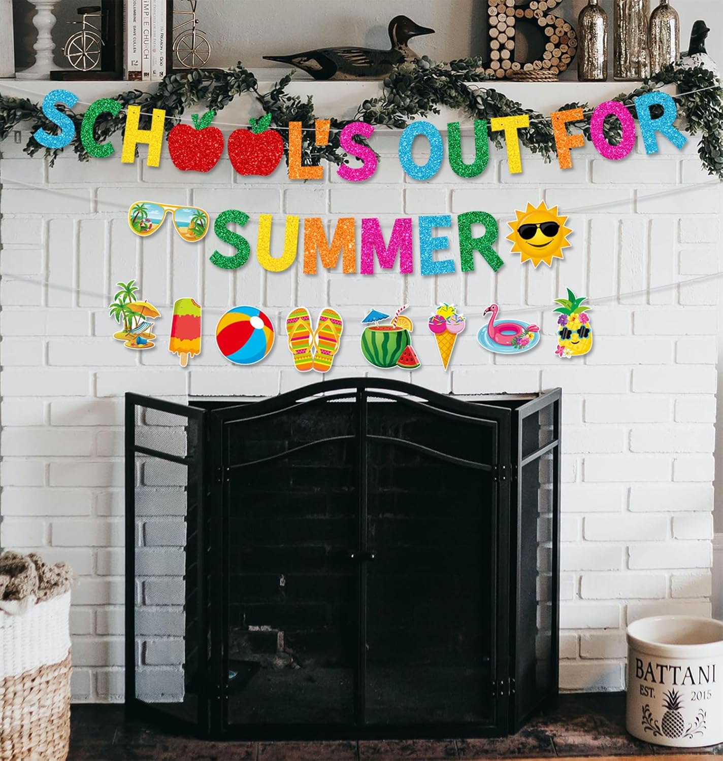 Glitter School’s out for Summer Banner and Colorful Glittery Summer Patterns Banner End of School Year Garland Banner Summer Vacation Beach Pool Party Fireplace Mantle Decorations
