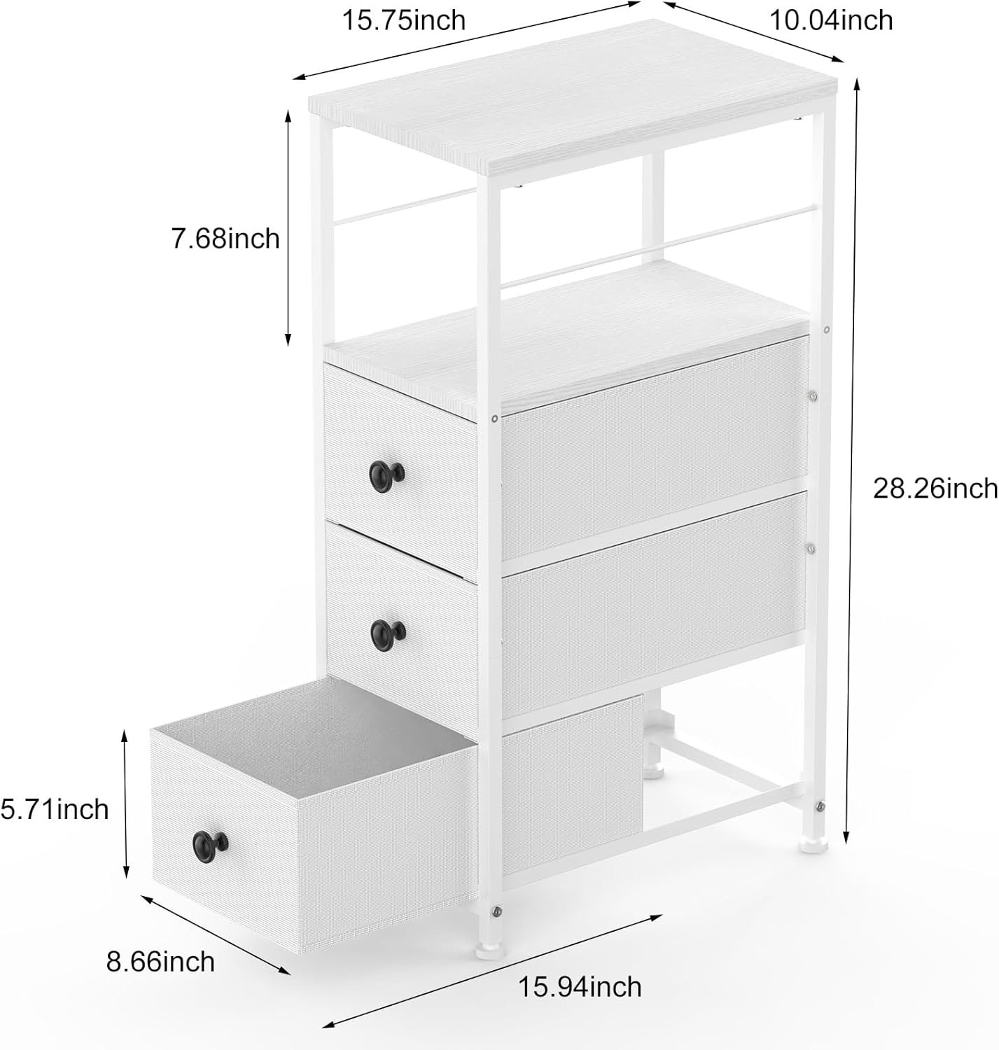 Narrow Dresser for Small Spaces | Slim White 3-Drawer Chest with Wood Shelf & Anti-Tip Design | Space-Saving Bedroom/Office Dresser Tower (28.26" H x 10.04" W)