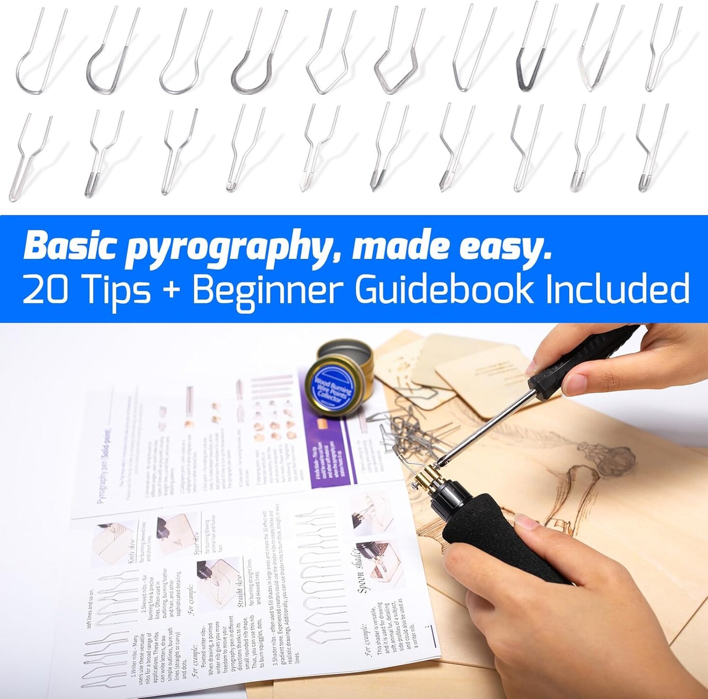 939D-V Wood Burning Kit – Detachable Pen, 250–750℃ Adjustable, 20 Tips, Pen Holder, Pyrography & Leather Burning.