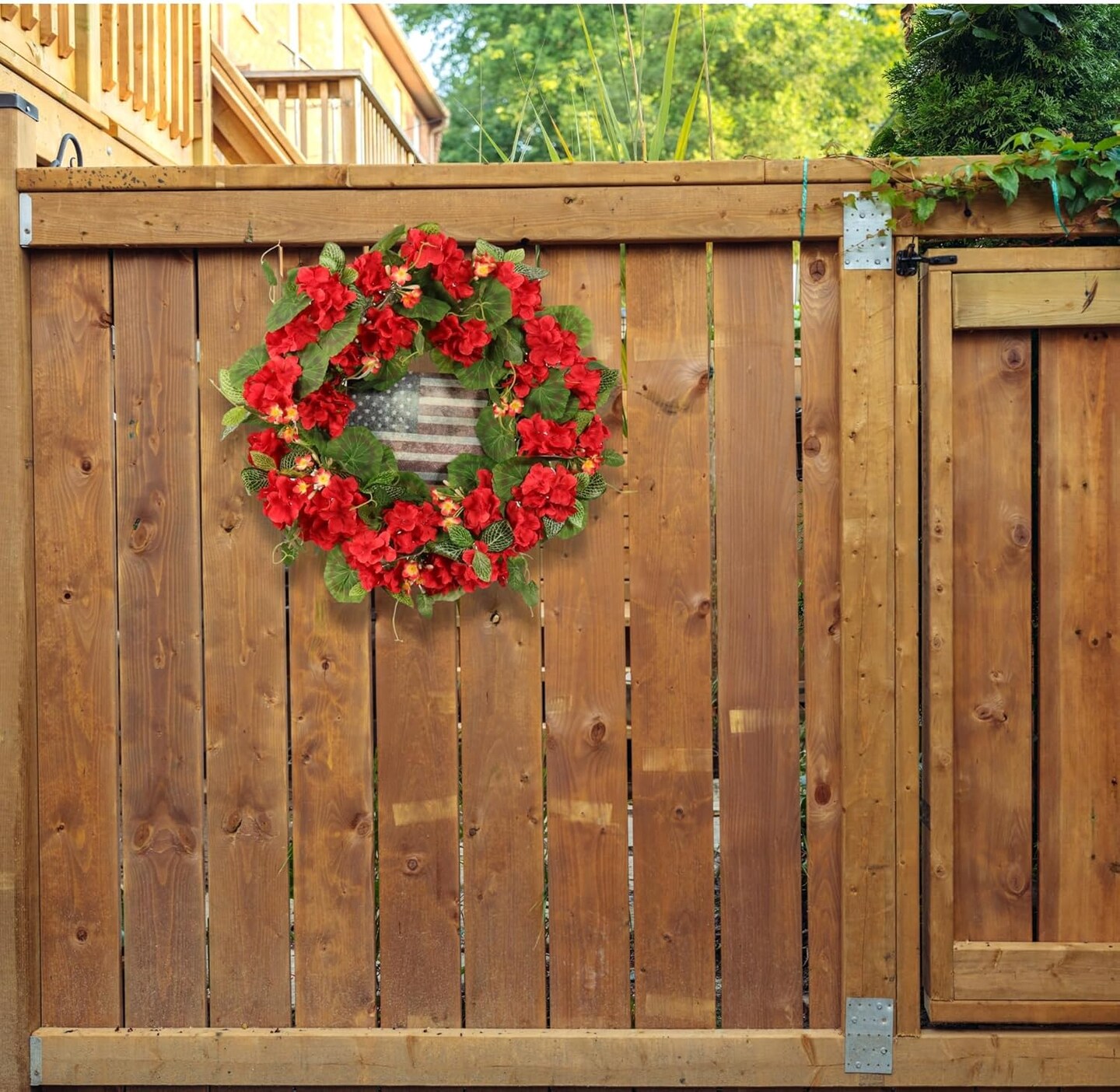 20in Patriotic Geranium Wreath, 4th of July, American Flag Accent