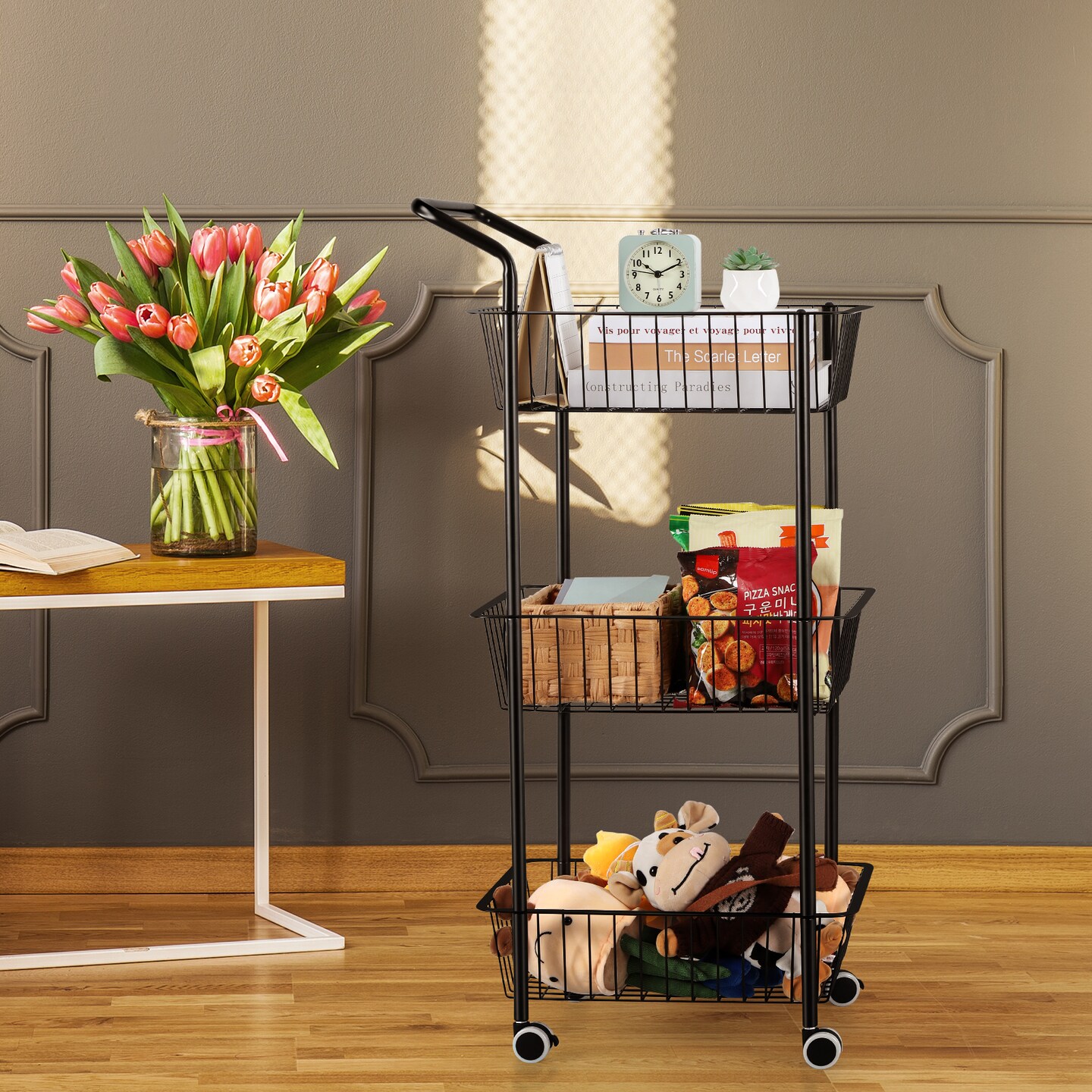 3-Tier Narrow Metal Rolling Cart with Lockable Wheels & Handle – Space-Saving Kitchen Storage Cart, Bathroom/Office Utility Cart, Heavy-Duty Wire Basket Organizer