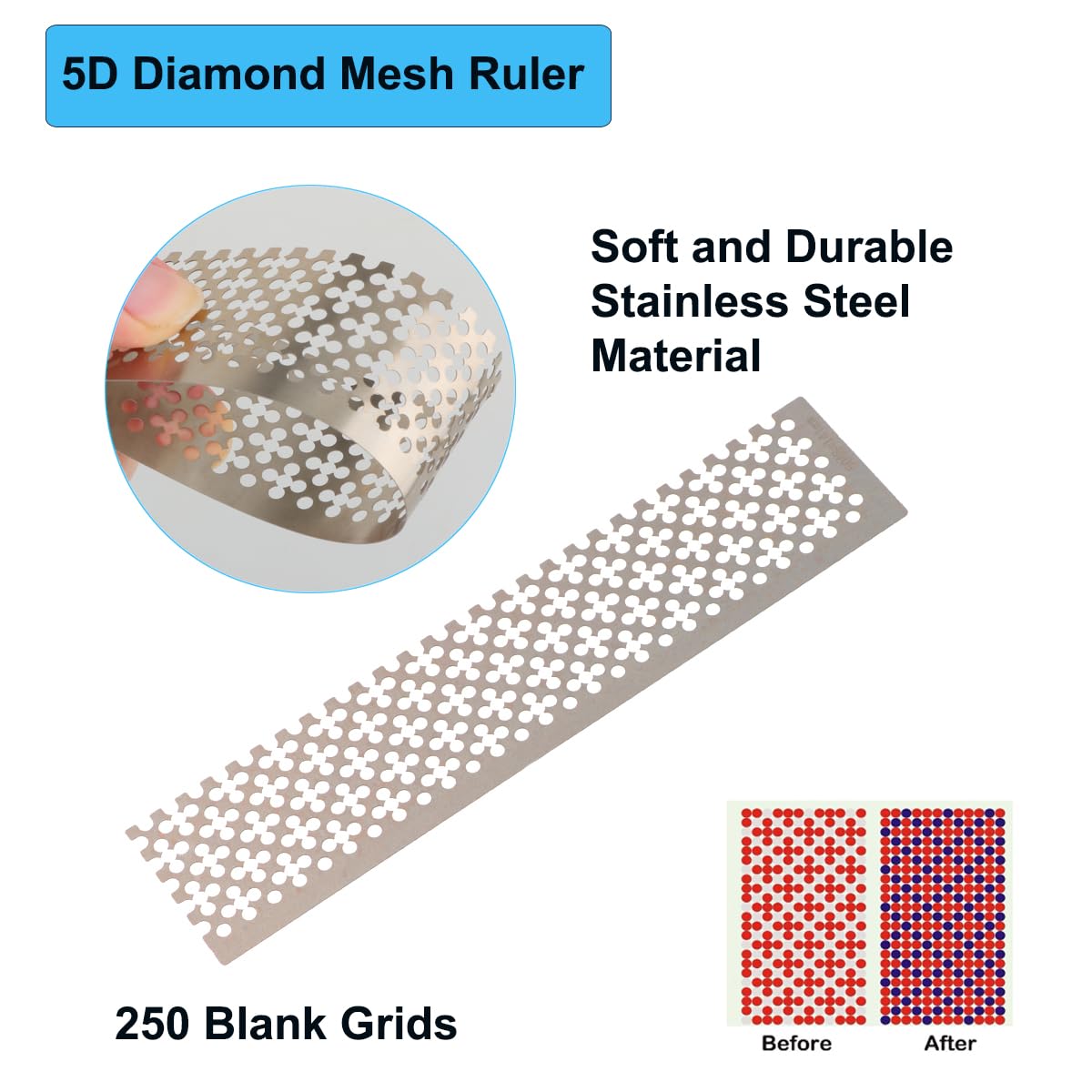 3 Pieces Diamond Painting Ruler Stainless Steel Mesh Ruler 5D Diamond Tool Drawing Ruler with 250, 250 and 408 Blank Grids for DIY Diamond Painting Kits