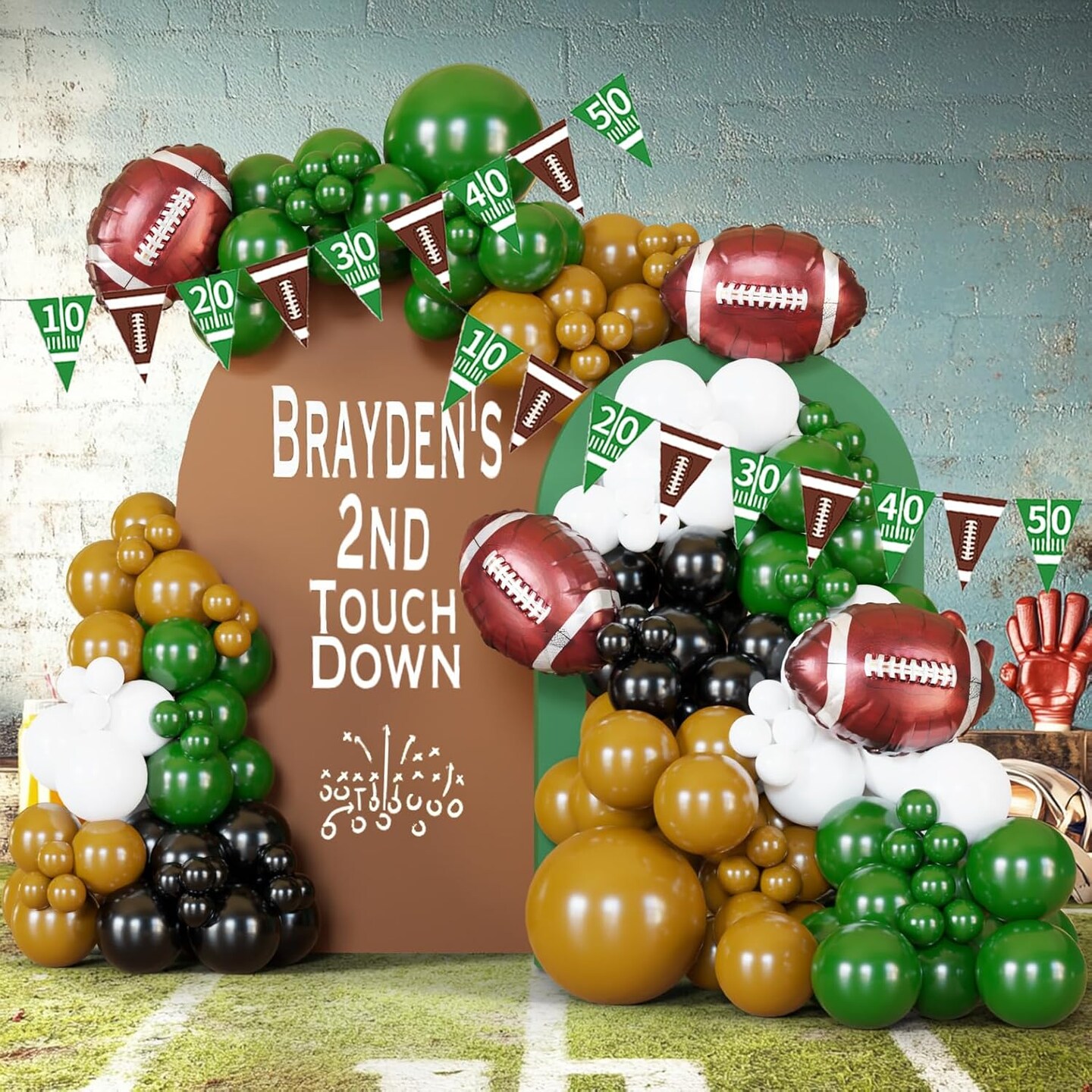 128Pcs Football Party Balloon Arch Garland Kit: Dark Green, Brown, White &#x26; Black Balloons with Football Foil Balloon and Banner for Super Bowl Party, Game Celebrations &#x26; Sports Themed Events