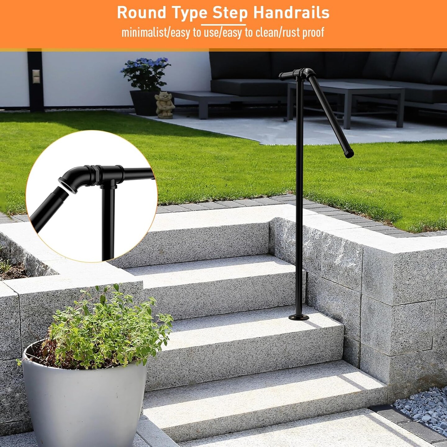Sturdy Single Post Outdoor Stair Railing Handrails – Adjustable Height Wrought Iron Black Porch Railings for Concrete/Wooden Steps, Indoor/Outdoor Use (Garden, Garage, Balcony)