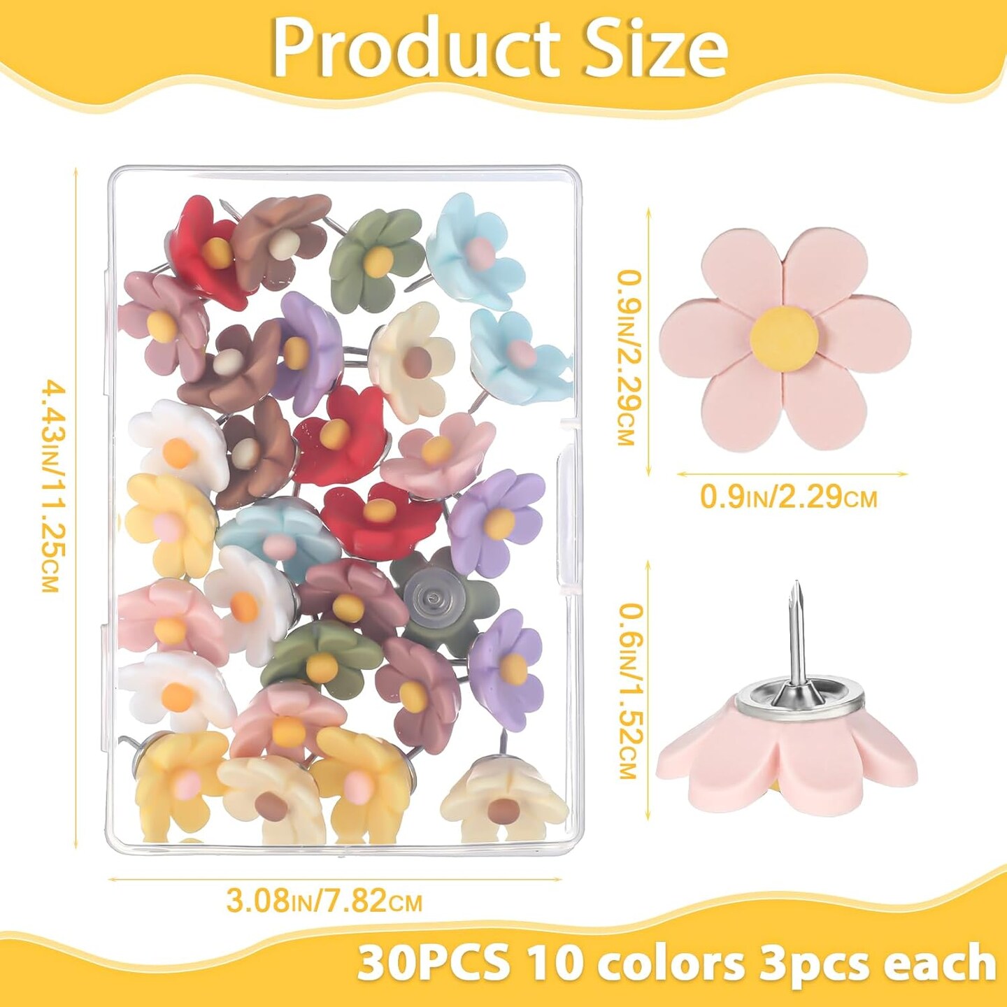 Flower Push Pins, 30Pcs Thumb Tacks for Cork Board, 0.5Inch Cute Push Pins for Bulletin Boards Cork Boards Cardboard Hanging Posters Wall Decorations (Colorful)
