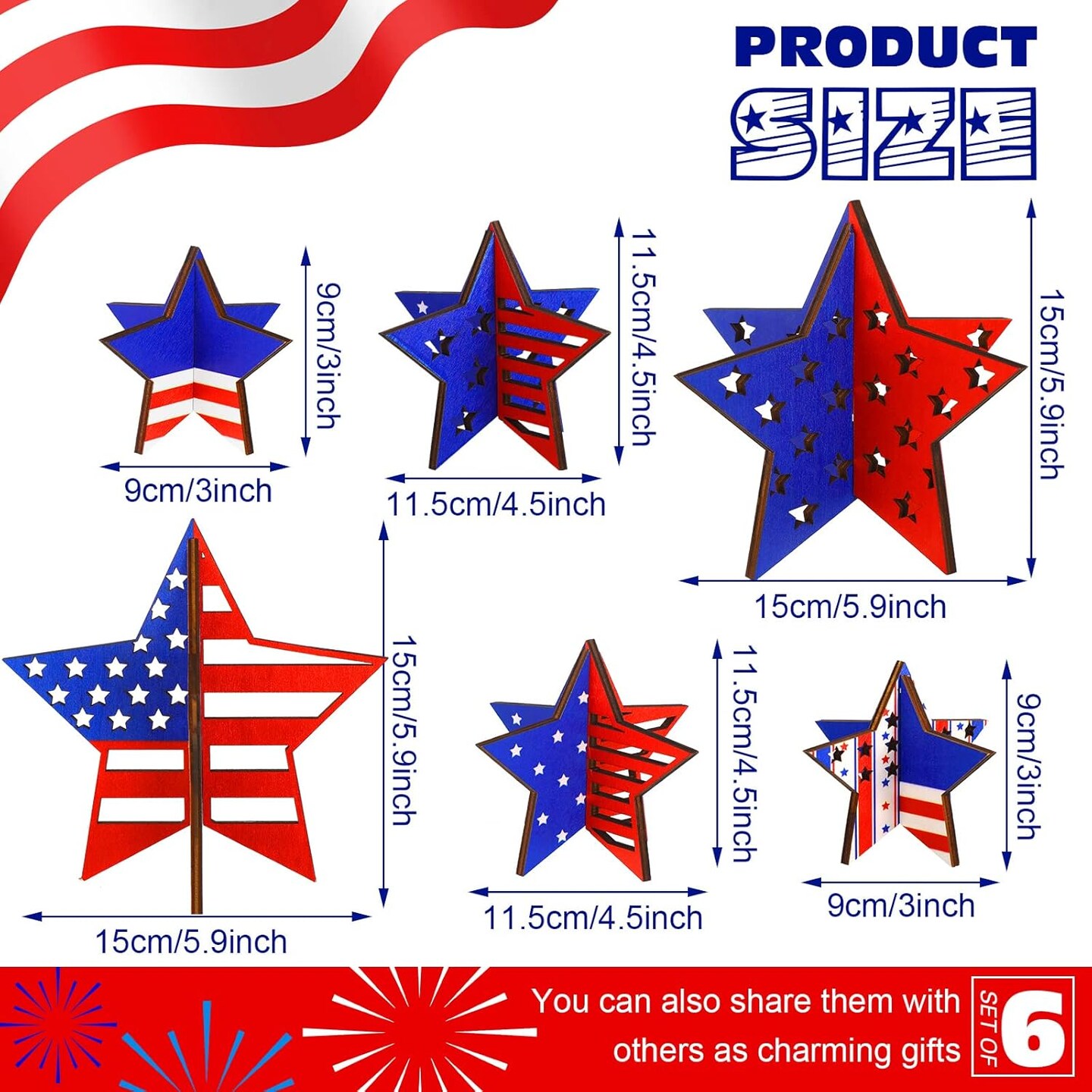 12-piece set of patriotic wooden star decorations featuring red, white, and blue designs, ideal for tiered trays, tables, shelves, and home or office décor to celebrate Independence Day and Memorial Day.