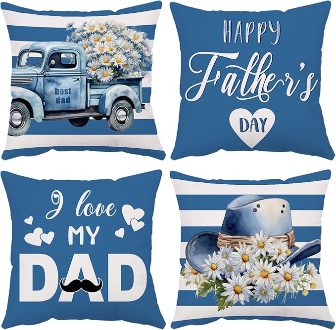 Fathers Day Pillow Covers 18x18 Set of 4 Velvet Dad Throw Pillow Covers Blue I Love You Dad Pillow Cases Cushion Covers Outdoor Sofa Couch Home Decorations Gift for Father Dad Birthday (18)
