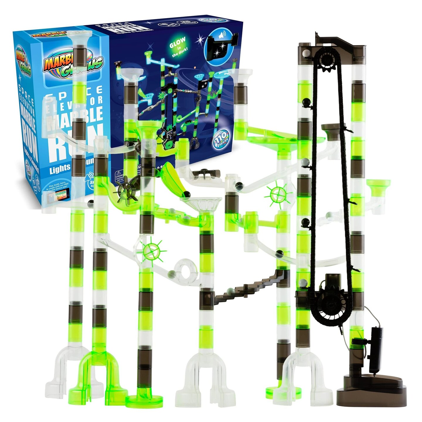 Marble Genius Marble Run Space Elevator with Glass Glow Marbles; Explore The Outer Space, 150 pcs - Glow in The Dark, Navigate an Intricate Maze Track, and Compete in an Exciting Race Set