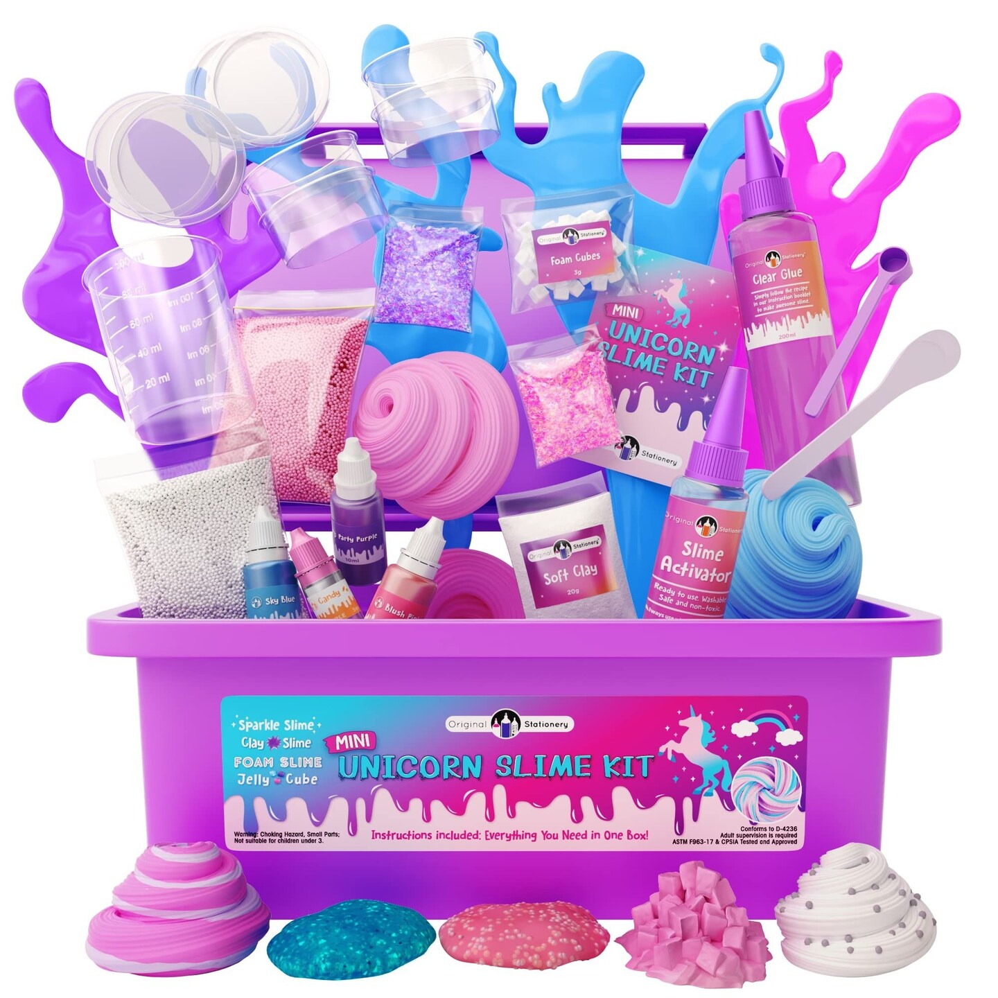 Original Stationery Mini Unicorn Slime Kit for Girls Ages 7-14, Create Unicorn Sparkle, Foam, Clay and Jelly Cube Slime, Fun Crafts for Kids