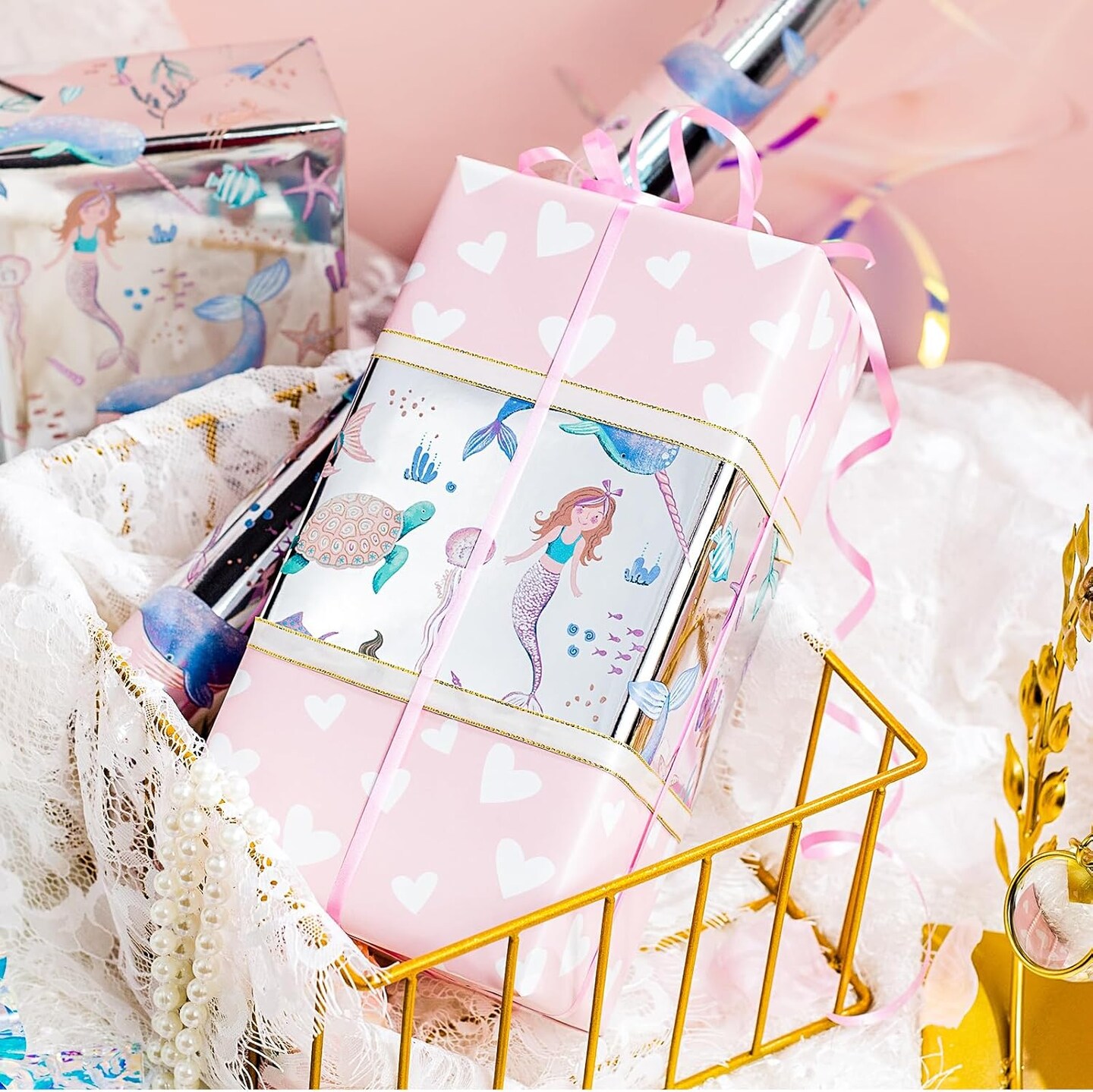 Reversible Mermaid Wrapping Paper Roll - Cute Metallic Foil Shine Mermaid &#x26; Pink Heart for Girl Birthday, Baby Shower - Mini Roll - 17 Inch x 33 Feet