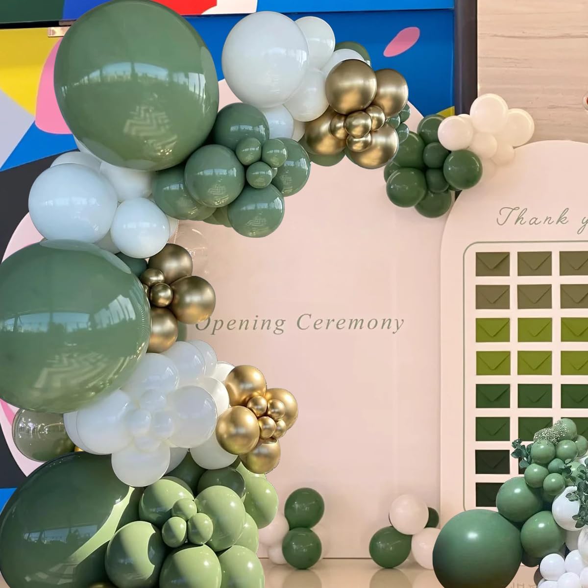 Green White Gold Balloon Arch Kit, 146Pcs Avocado Green Metallic Chrome Gold Confetti and White Latex Balloons