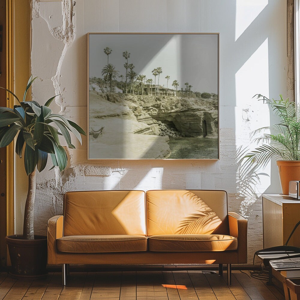 SAN DIEGO Vintage Sunset Cliffs Square Canvas Art | Modern Home Wall Decor 24x24 Canvas - Corporate Office Art