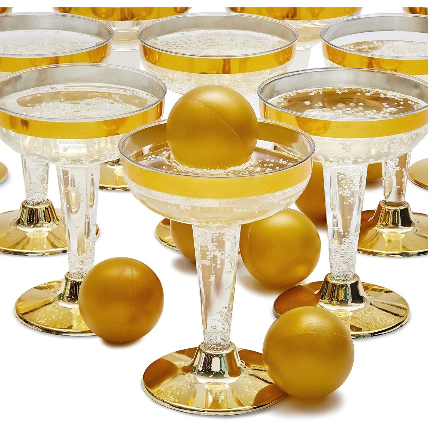 Juvale 20-Piece Party Champagne Pong Game Set for Indoor and Outdoor Gatherings, 12 Gold Foil Glasses &#x26; 8 Balls
