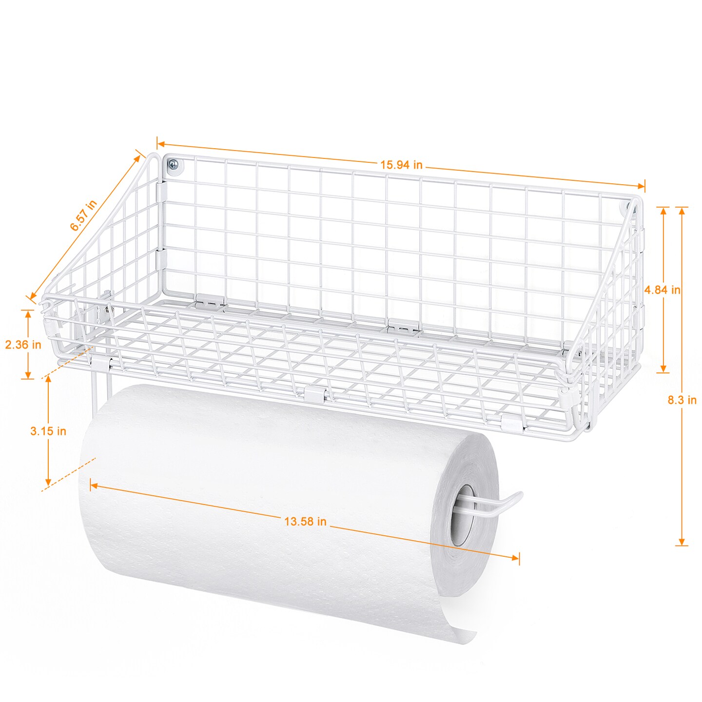 Multi-Functional Wall-Mounted Metal Basket Organizer with Foldable Paper Towel Holder – Space-Saving Storage Shelf for Kitchen, Bathroom, Bedroom & Hallway White