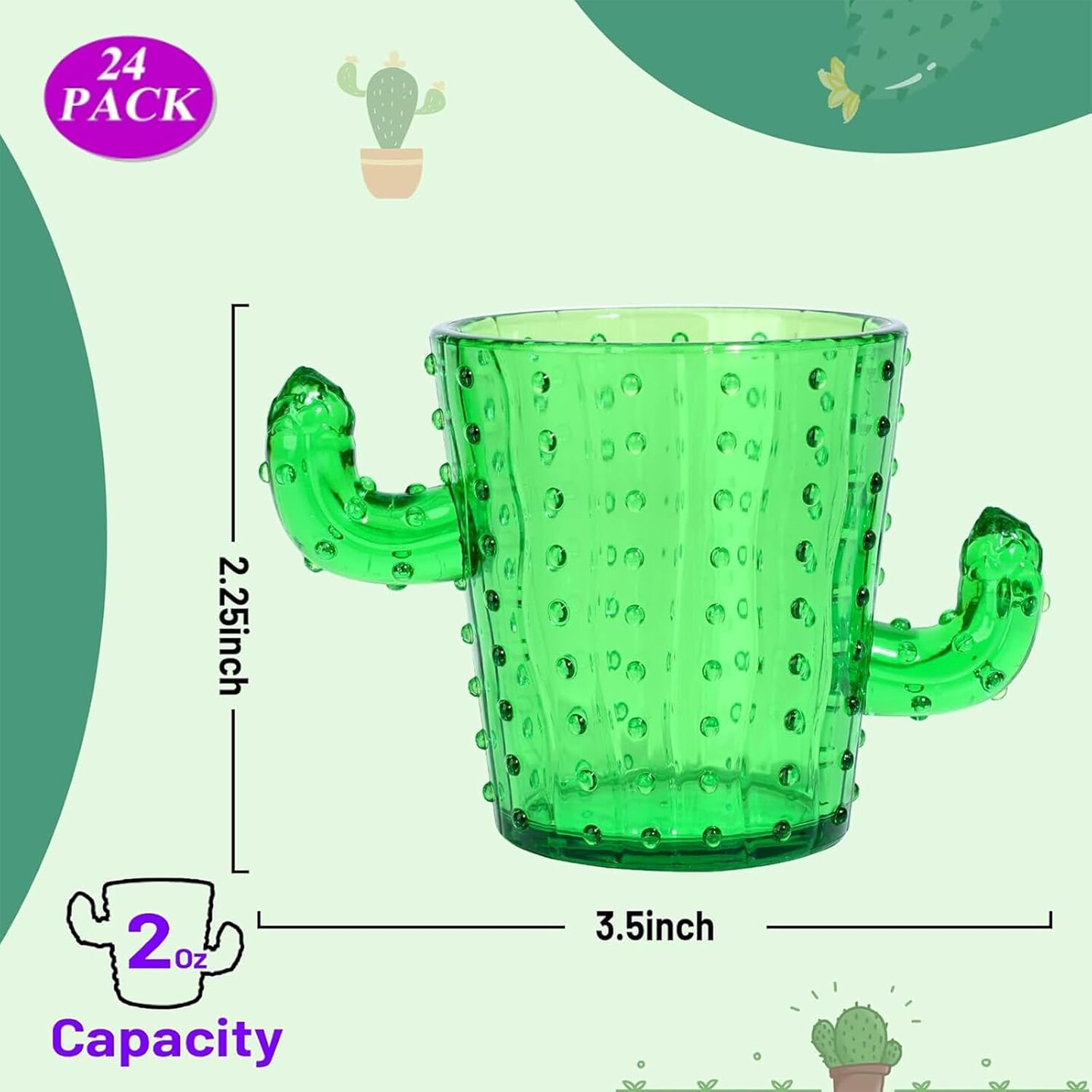 Plastic Cactus Shot Glasses(Set of 24), 2 Oz Green Cute Cactus Tequila Glasses for Western, Bachelorette, Cinco de Mayo, Tequila, Fiesta Themed Party Supplies
