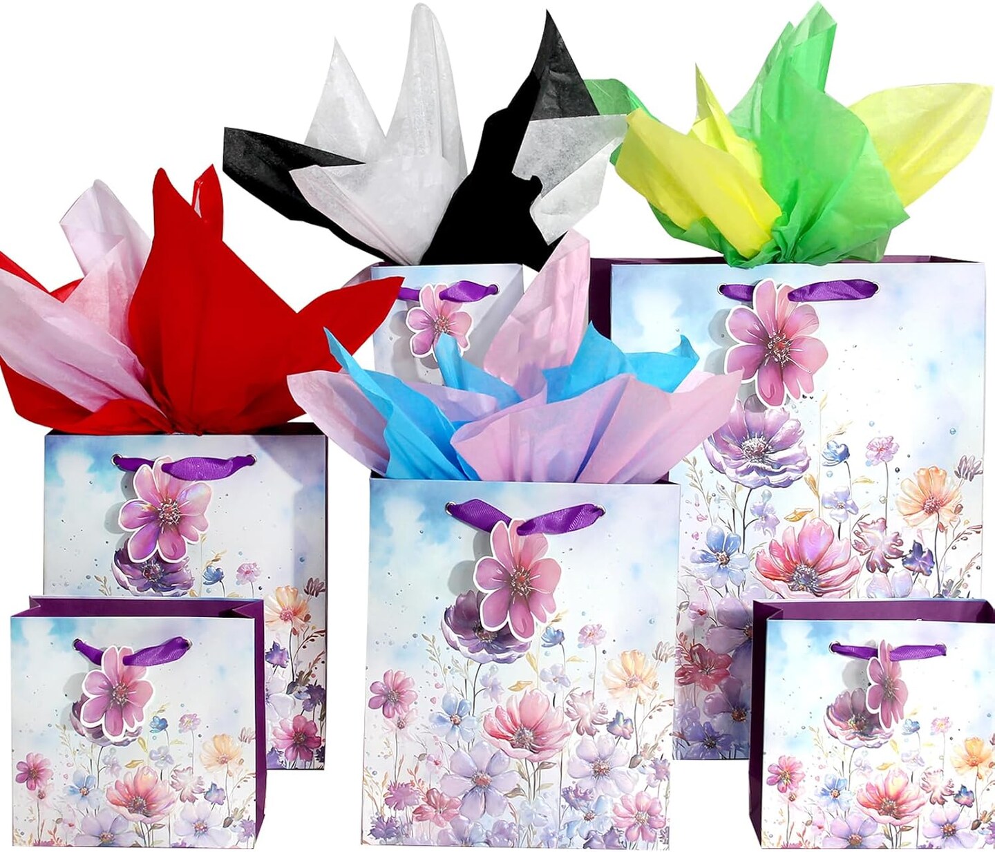 6 Pack Purple Flowers Pattern Embossed Paper Gift Bag with Handles, Assorted Paper Bags with 8 Pcs Tissue Paper for Girls/Women Baby Shower
