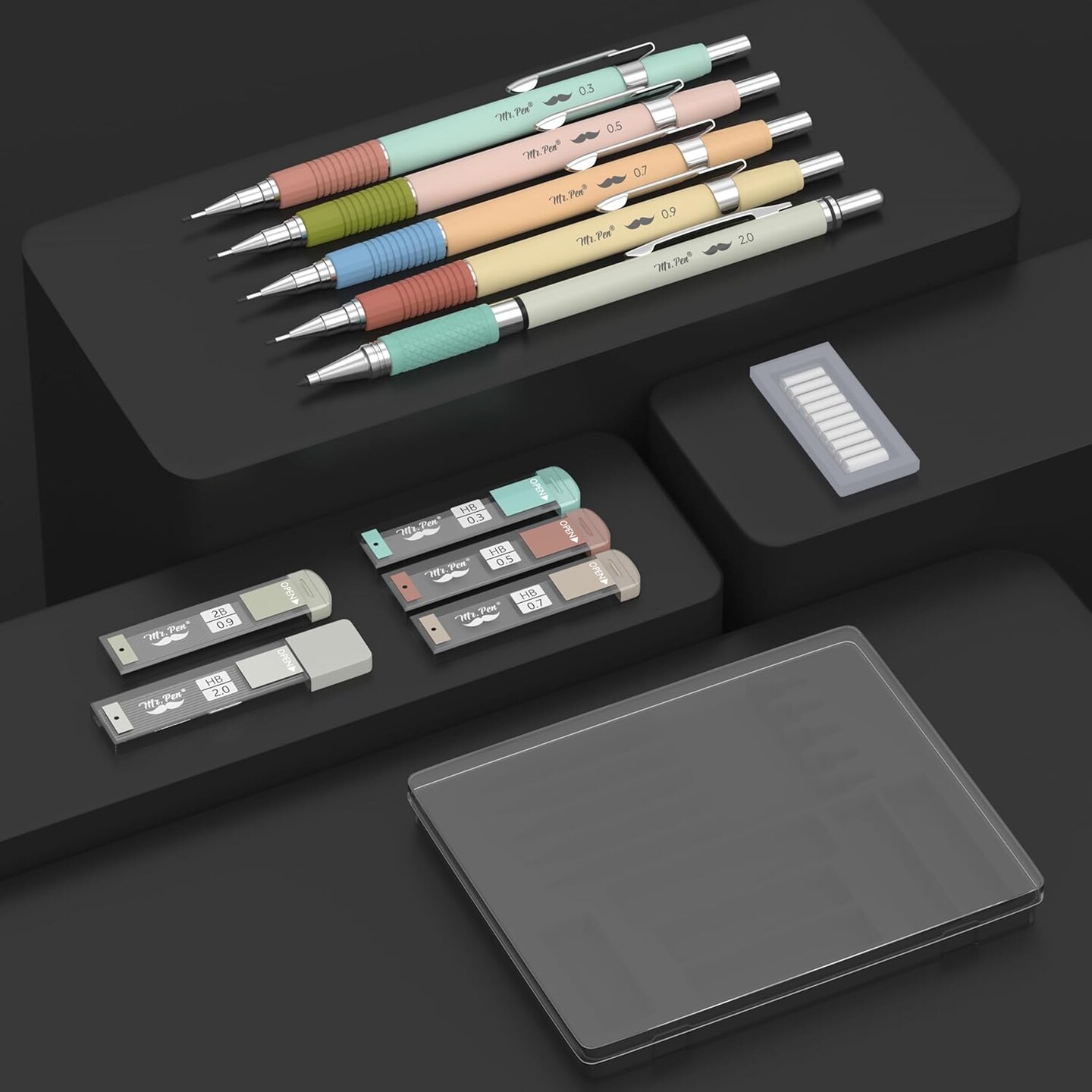 Mechanical Pencil Set, 5 Sizes, 0.3, 0.5, 0.7, 0.9, 2mm, Anti Skidding Grip Cute Mechanical Pencils, Sketching Pencils, Aesthetic Mechanical Pencils, Pastel Mechanical Pencils