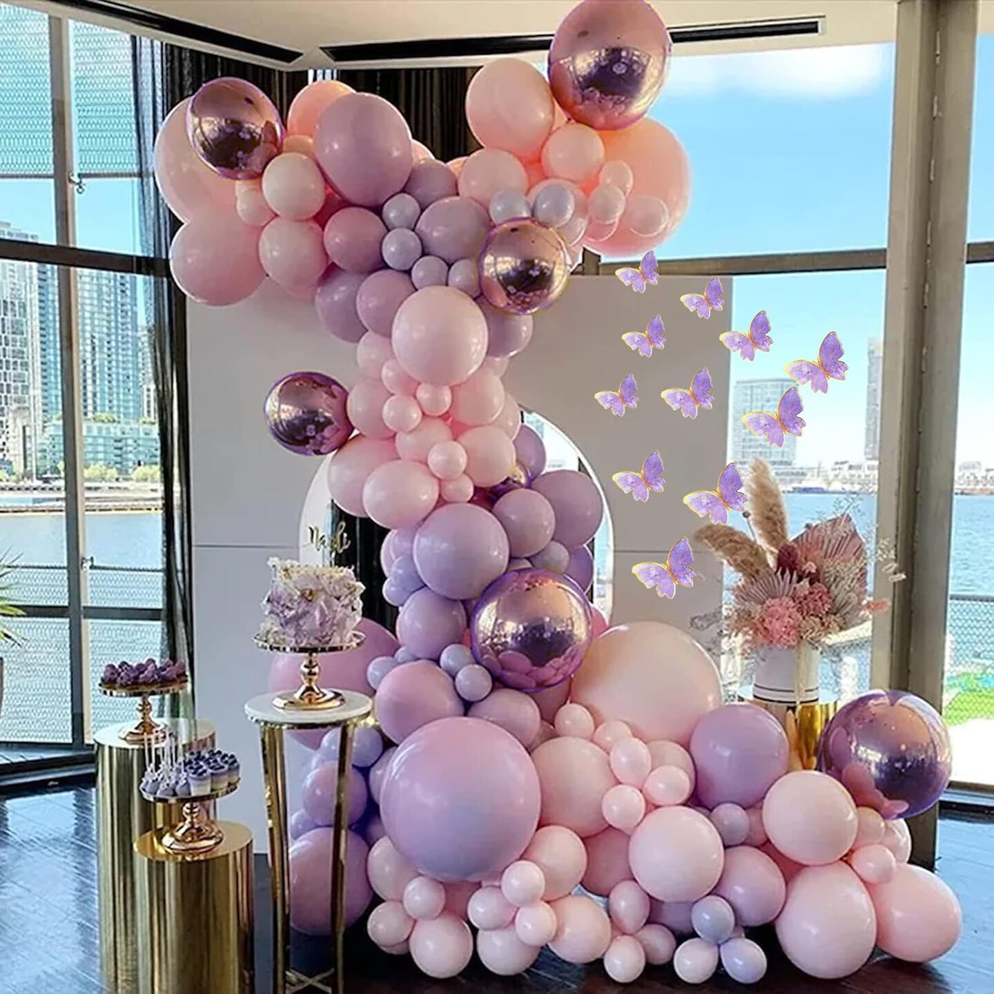 Baby Shower Decorations for Girl 135 Pcs Pink Purple Balloon Arch Kit Metallic Lavender Balloon Garland Double Stuffed Balloons Butterfly Stickers
