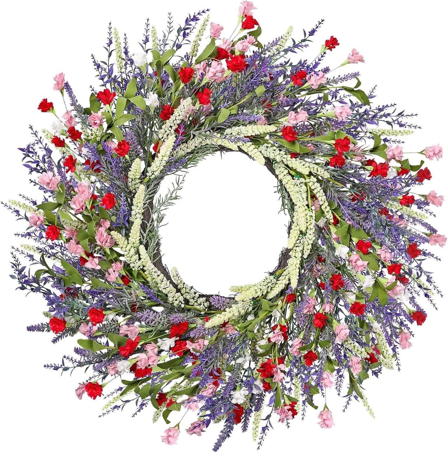 26 Inch Lavender Wreath Summer Wreaths for Front Door Wreaths for Front Door for Wedding Farmhouse (Red Pink Lavender)
