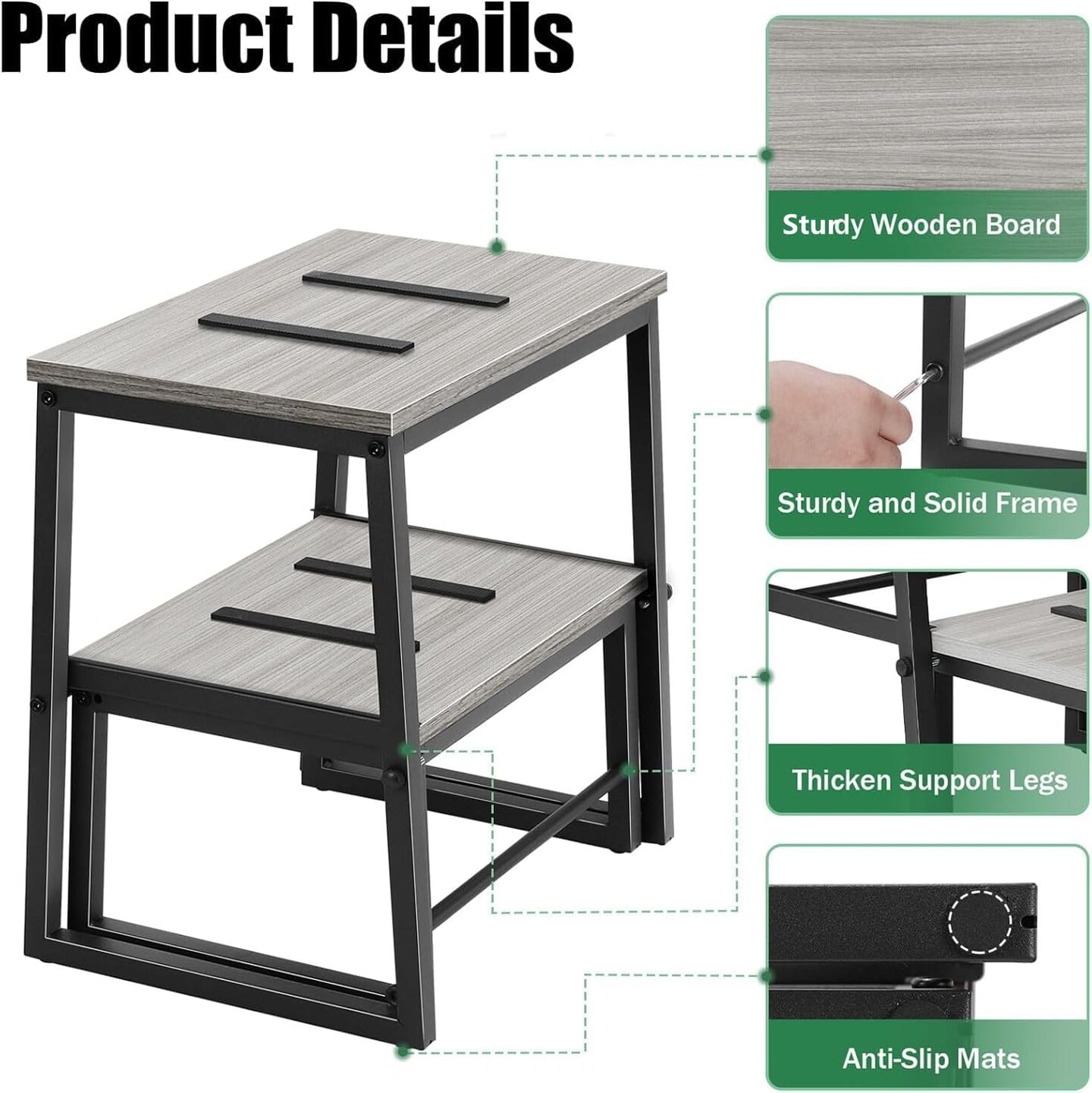 Heavy-Duty 3-in-1 Wooden Step Stool for Adults - 500lb Capacity, Detachable Metal Frame Stepping Stool for High Beds, Kitchen, Bathroom, Grey