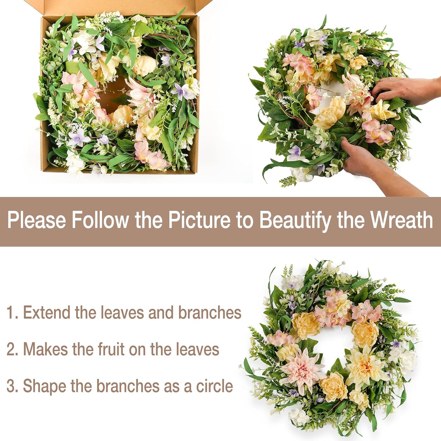 Summer Wreaths for Front Door 22&#x22;, Door Summer Wreath with Eucalyptus Olive Leaves &#x26; Flowers, Floral Wreath Door Decoration for Summer Home and Outdoor