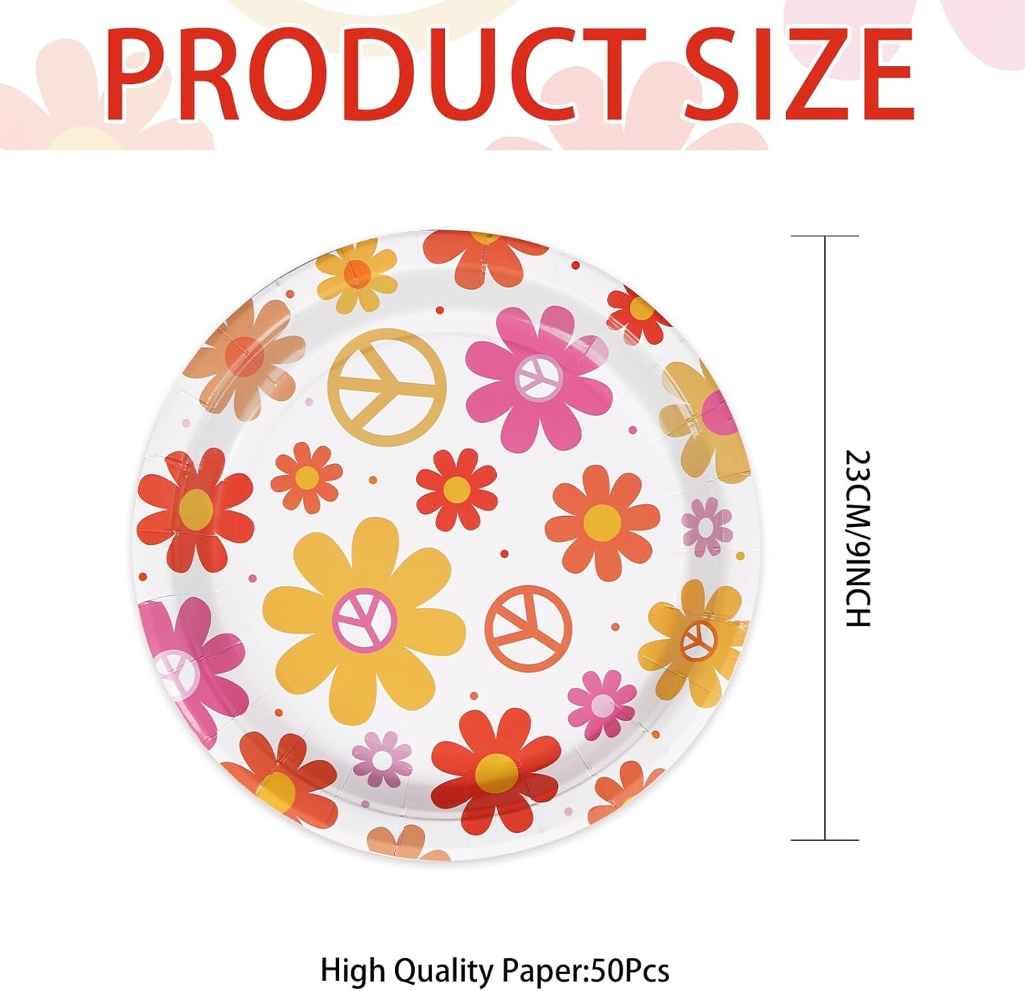 50 Pcs Summer Groovy Daisy Paper Plates, 10&#x22; 400 GSM Hippie Boho Flower Platters, Daisy Floral Dish Tray for 60s 70s