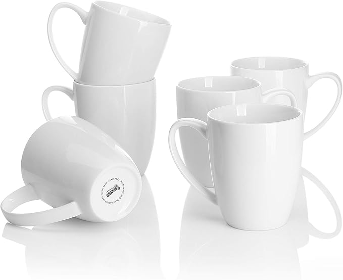Porcelain Mugs - 12 Ounce for Coffee, Tea, Mocha and Mulled Drinks - Set of 6, White