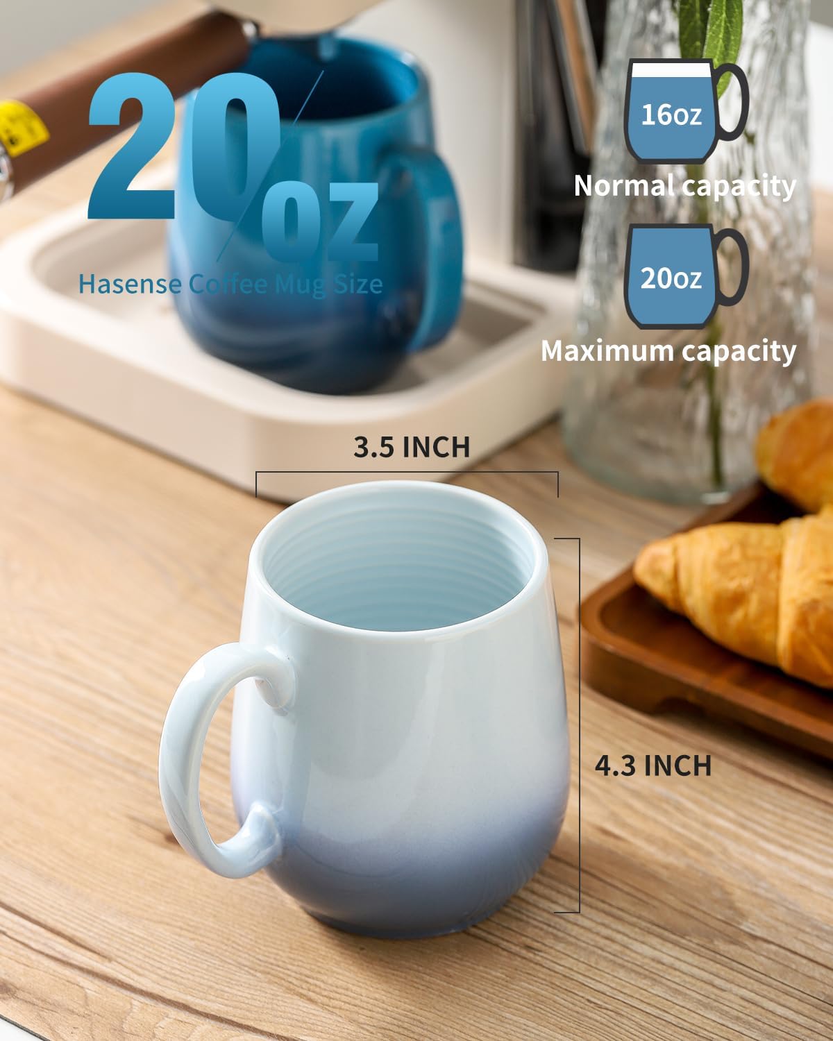 Ceramic Coffee Mug Set of 2, Porcelain 20 OZ Latte Cup with Handle, Large Coffee Cup for Coffee, Soup, Latte, Tea, Gift, Microwave and Dishwasher Safe, Gradient Light Blue &#x26; Gradient Blue