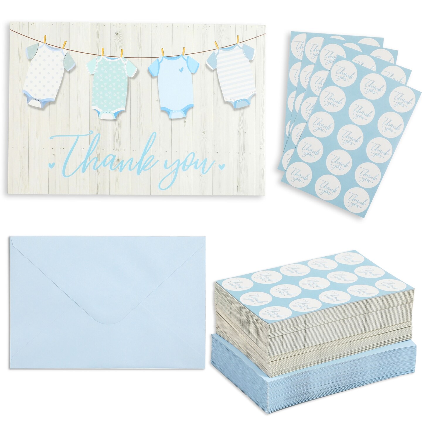 60 Pack Baby Shower Thank You Cards with Blue Envelopes for Boy, 4x6 inch with Clothesline Design and Includes 60 Cute Stickers for Appreciation