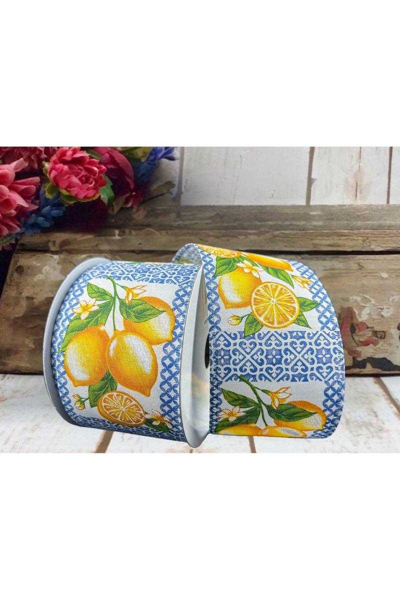 2.5&#x22; Blue Tile Squares Lemon Ribbon (10 Yards)