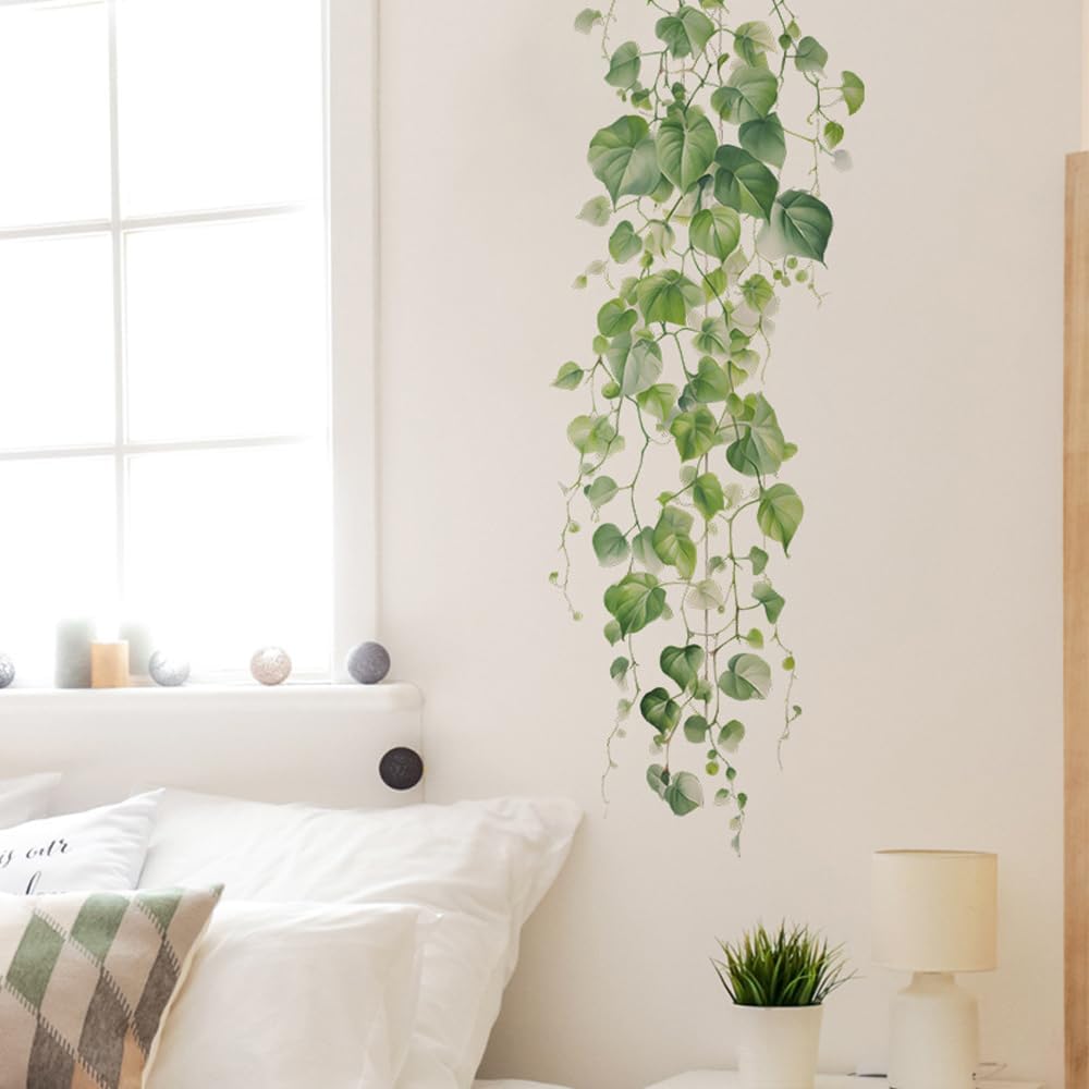 Green Plant Vine Leaves Wall Sticker Evergreen Ivy Leaves for Bedroom Decals Living Room Tropical Leaves Wall Stickers Decor Bedroom Hanging Vine Wall Decals