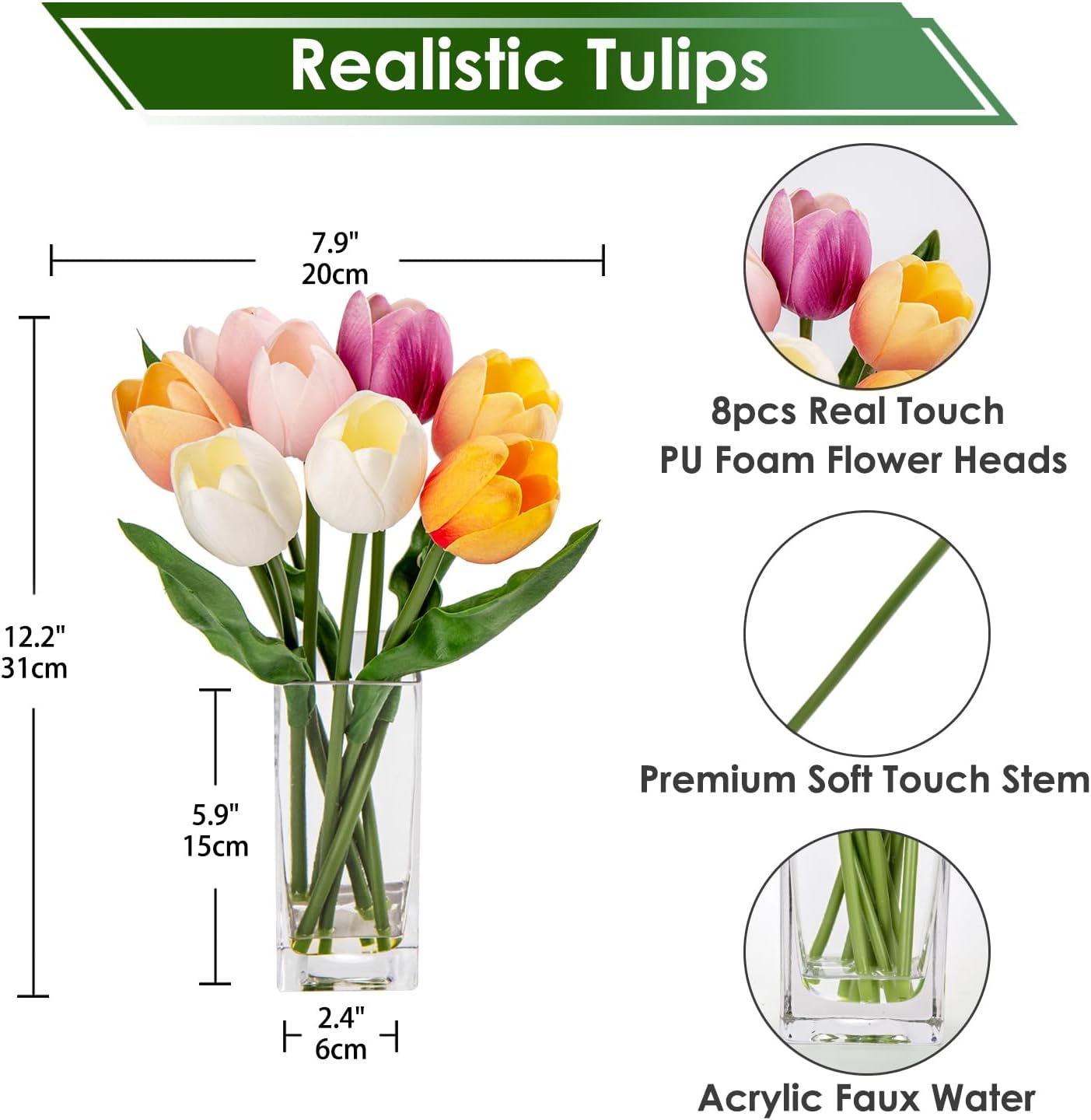 Artificial Tulip Flower Arrangement – Multi-Color Real Touch Foam Tulips in Clear Vase for Home & Office Decor