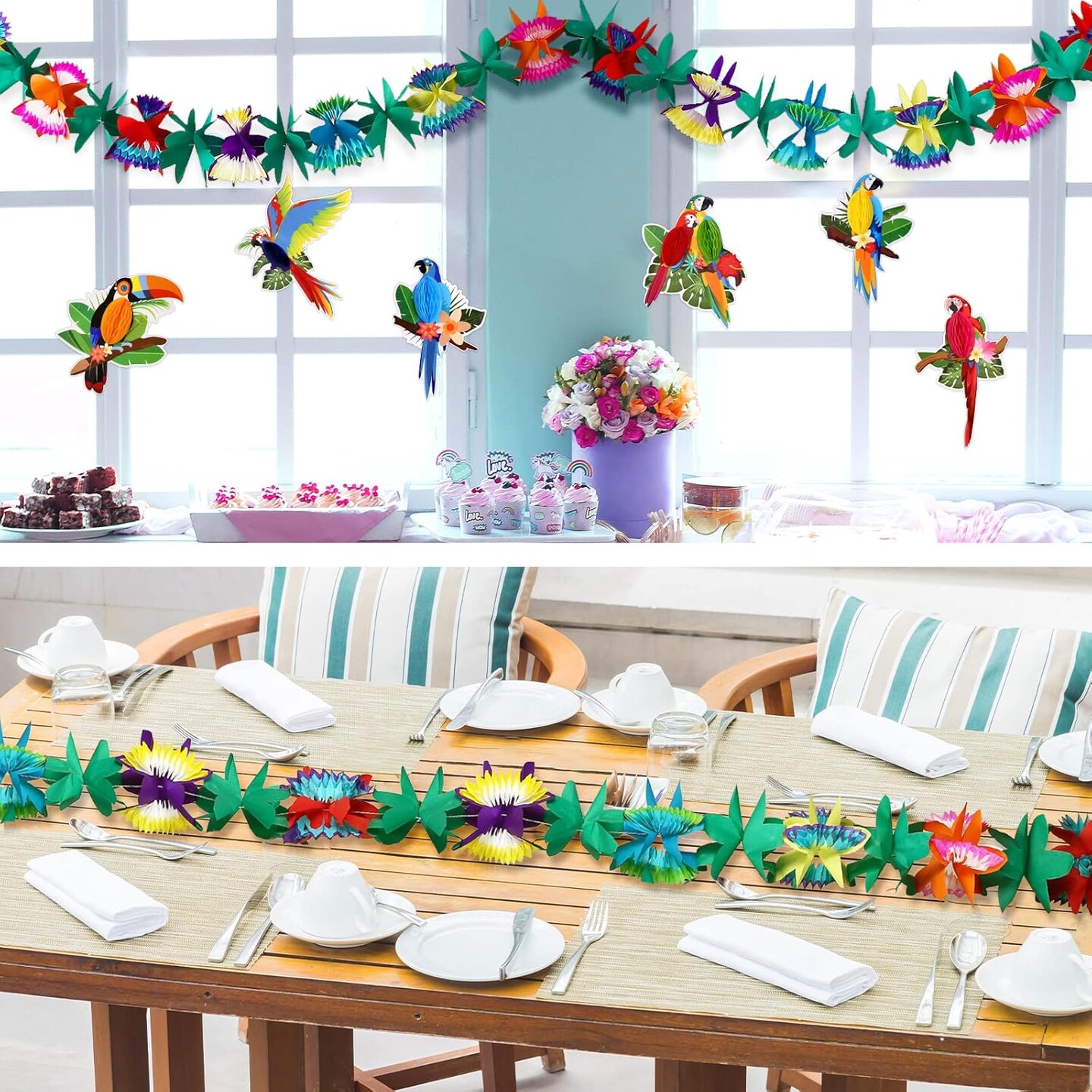 Summer Hawaiian Tropical Luau Party Decorations, 20Ft Tropical Garlands &#x26; 6 Birds Honeycomb for Summer Tiki Bar Beach Party Decorations Supplies