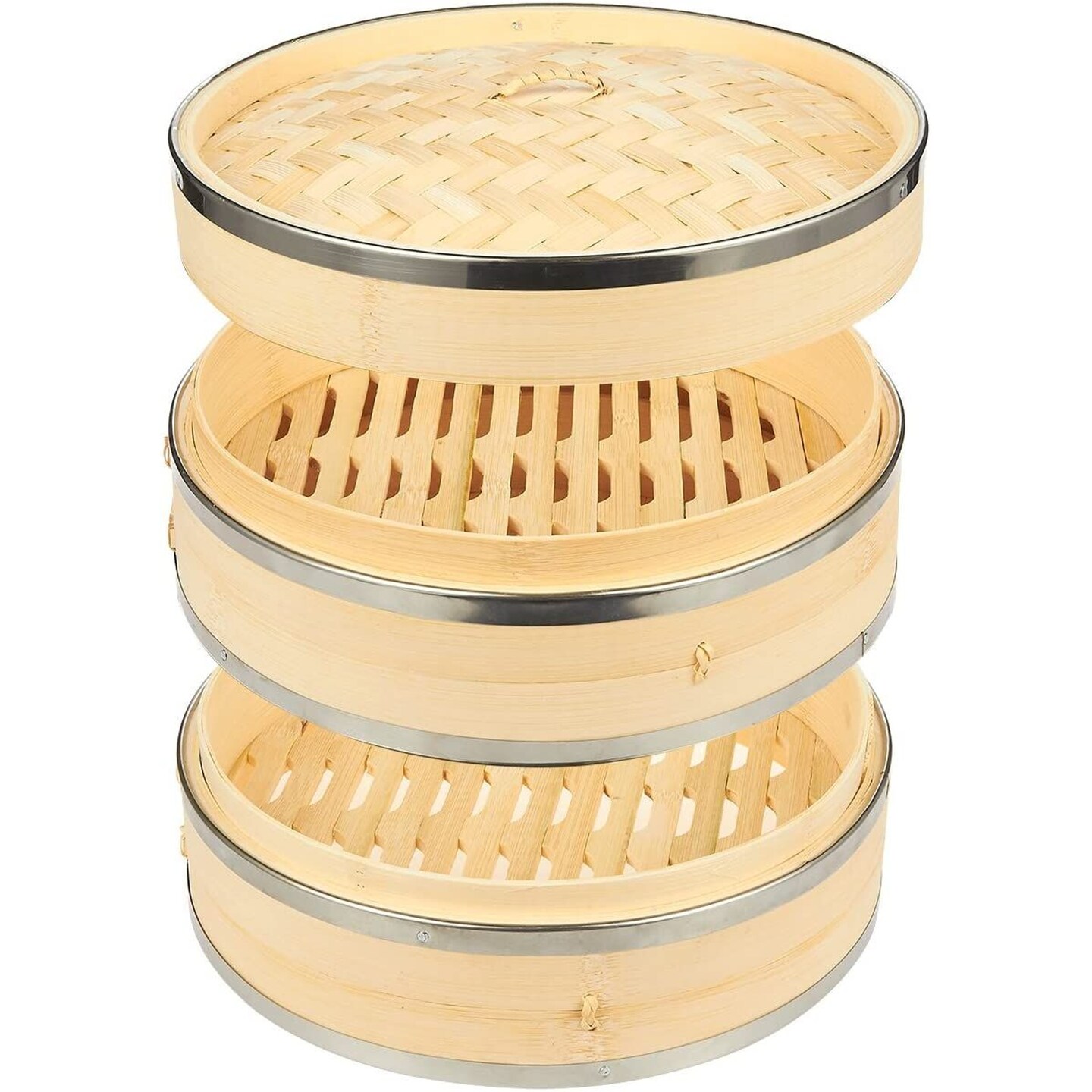 2-Tier 10 Inch Bamboo Steamer Basket with Steel Rings - Large Capacity Dumpling, Vegetable Steamer Basket (10x6.5x10 In)