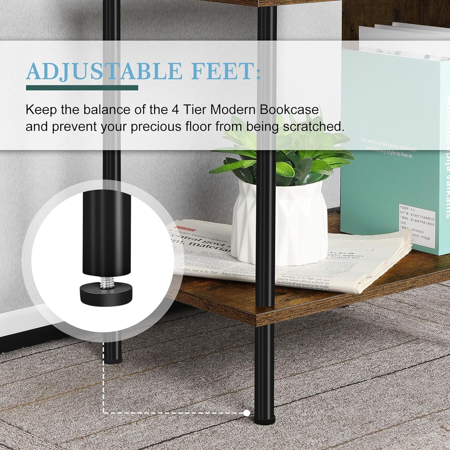 4-Tier S-Shaped Bookcase – Modern Freestanding Wooden & Metal Shelves for Farmhouse, Living Room, Bedroom, Home Office – Space-Saving Storage with Anti-Tip Kit