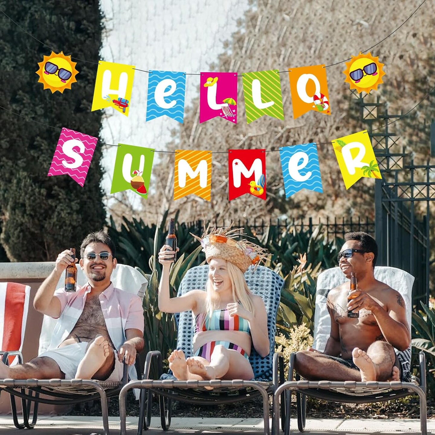 Hello Summer Banner - No DIY, Summer Banner for Summer Party Decorations, Hello Summer Sun Signs for Birthday Beach Pool Decorations, Tropical Party Decorations